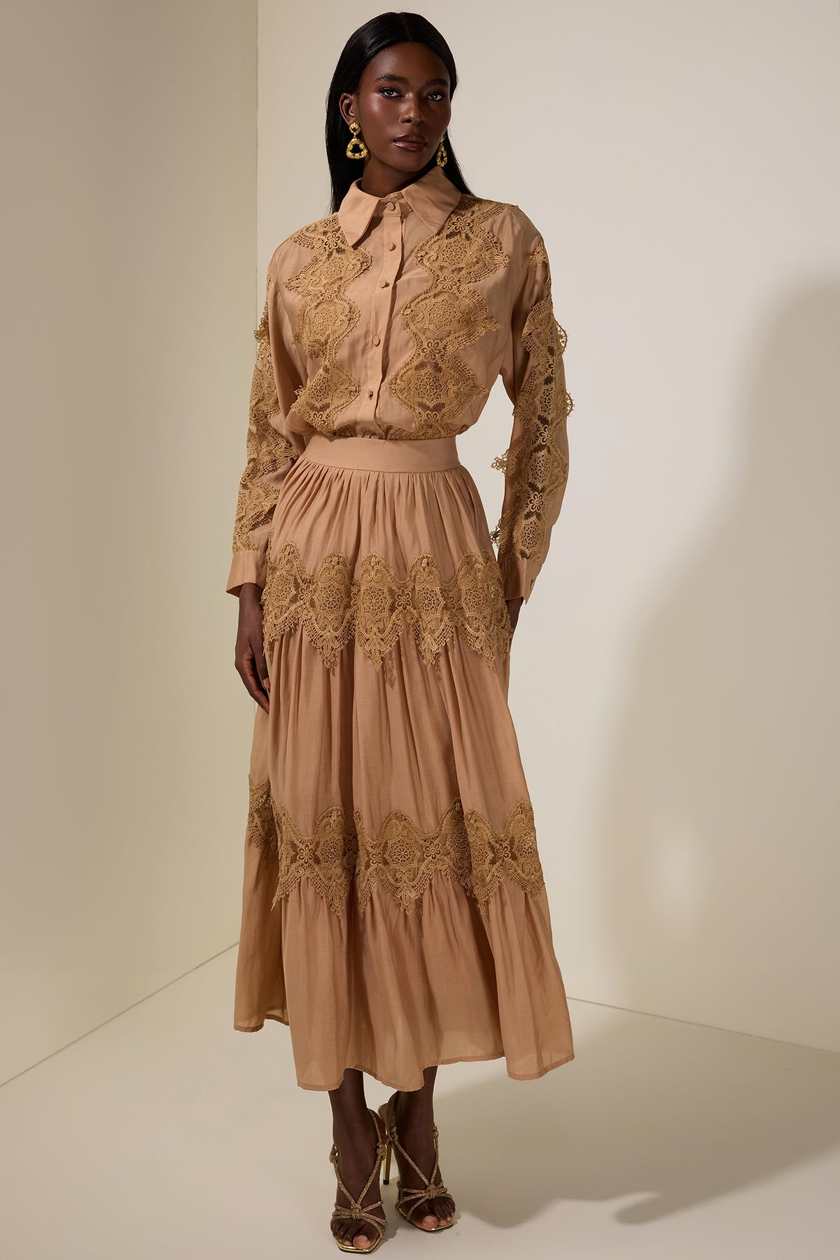 Lace Single Breasted Top & Midi Skirt Set