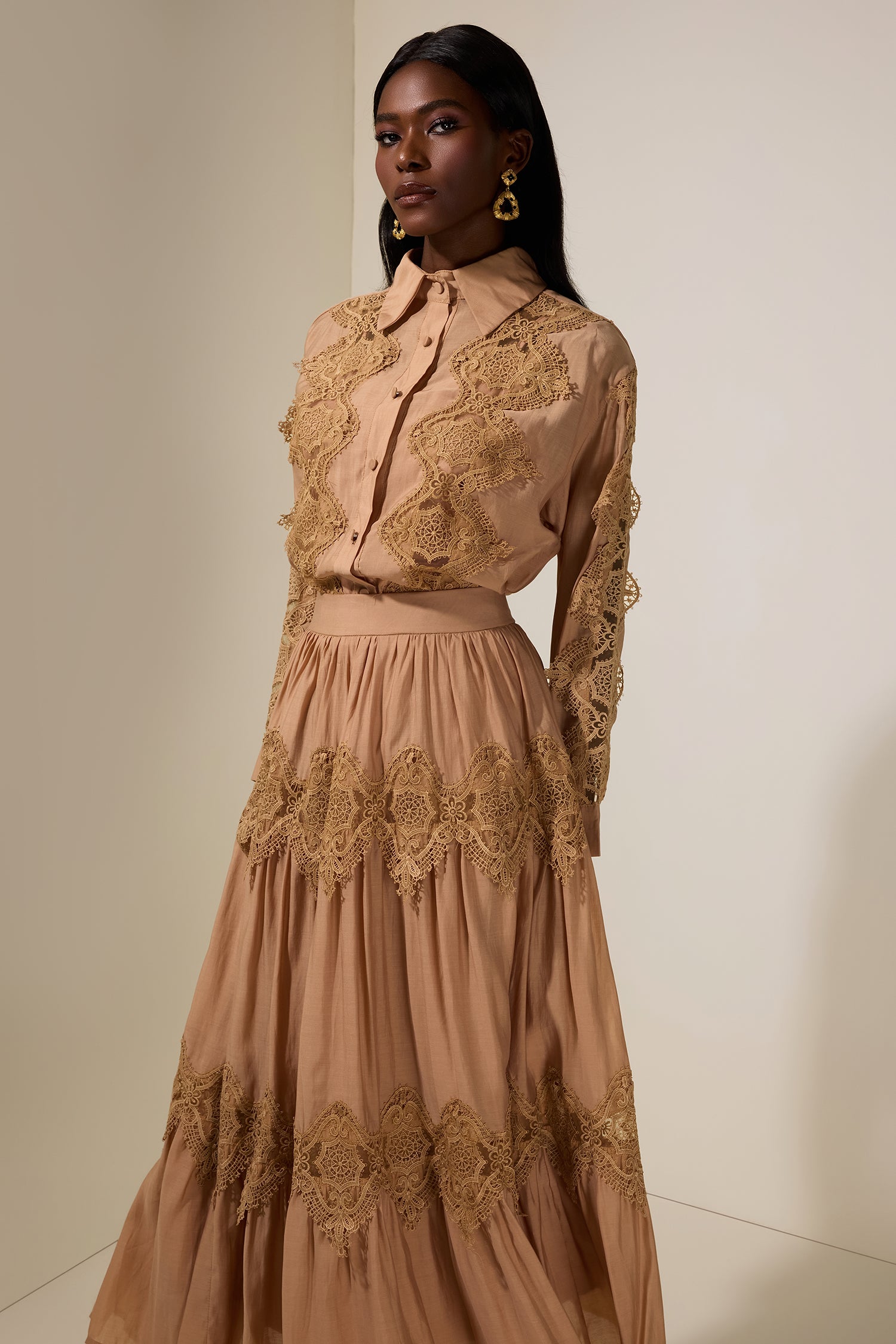 Lace Single Breasted Top & Midi Skirt Set