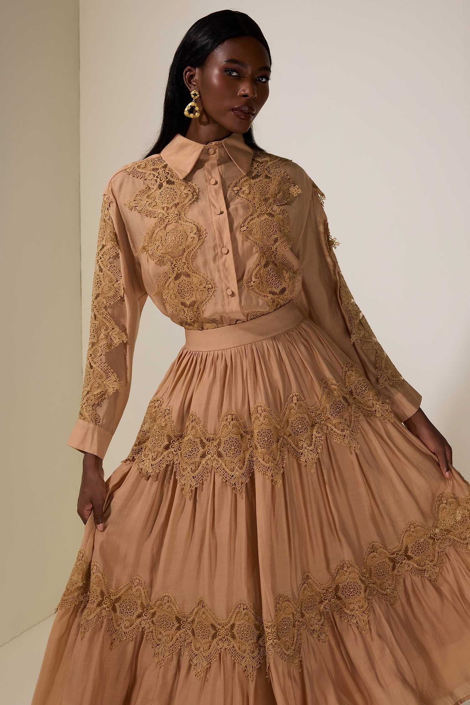 Lace Single Breasted Top & Midi Skirt Set