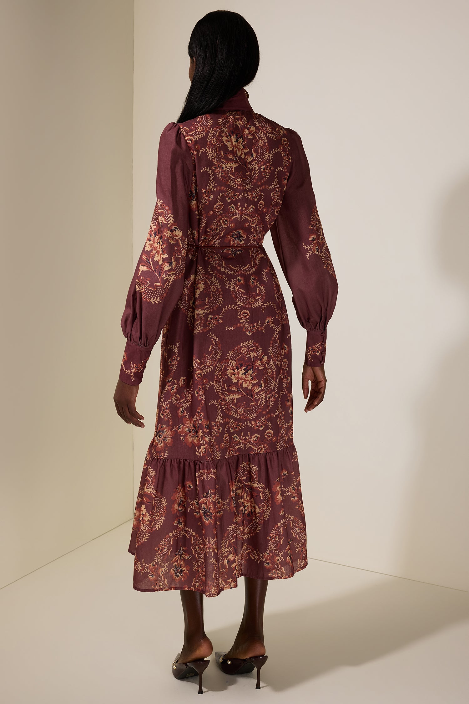 Floral Single Breasted Lantern Sleeve Midi Dress