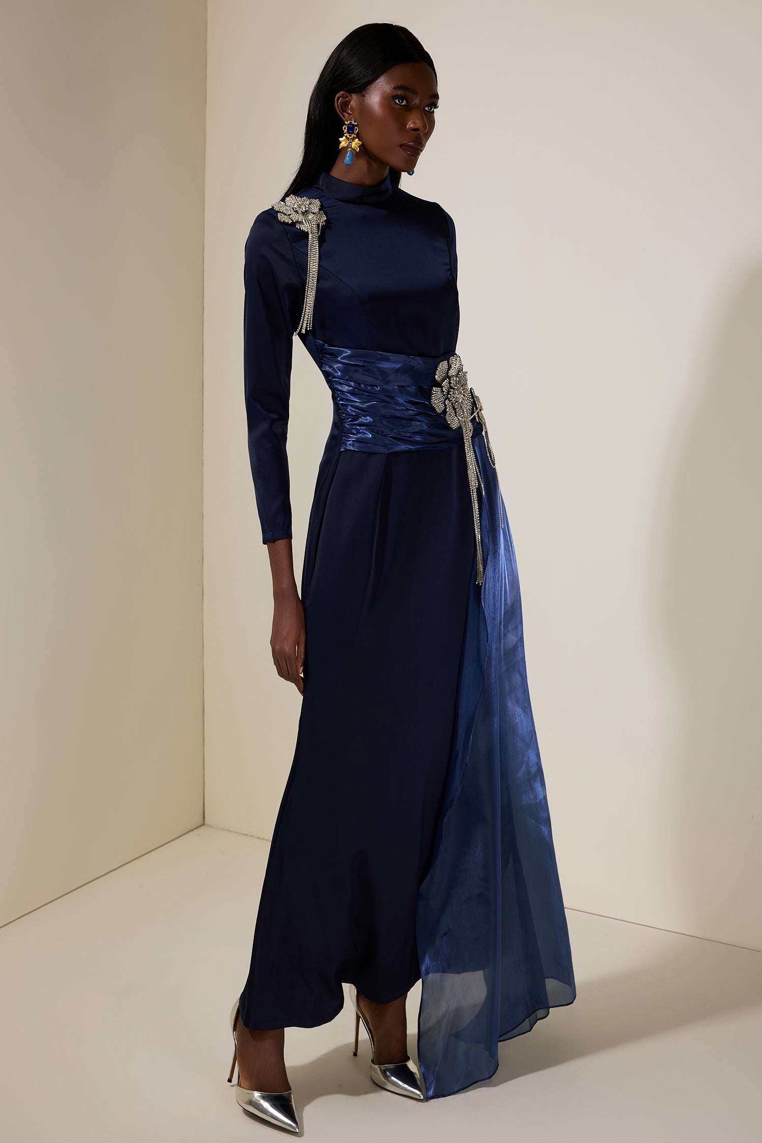 Rhinestone 3D Flower Satin Maxi Dress