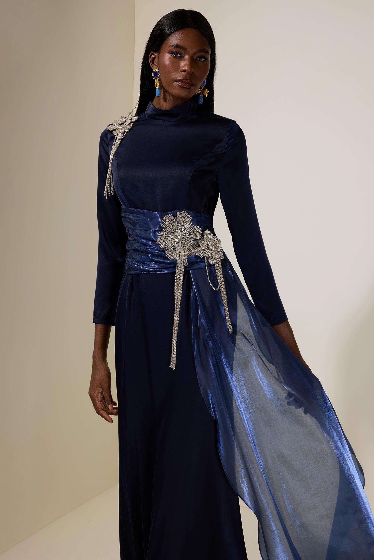 Rhinestone 3D Flower Satin Maxi Dress