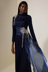 Rhinestone 3D Flower Satin Maxi Dress