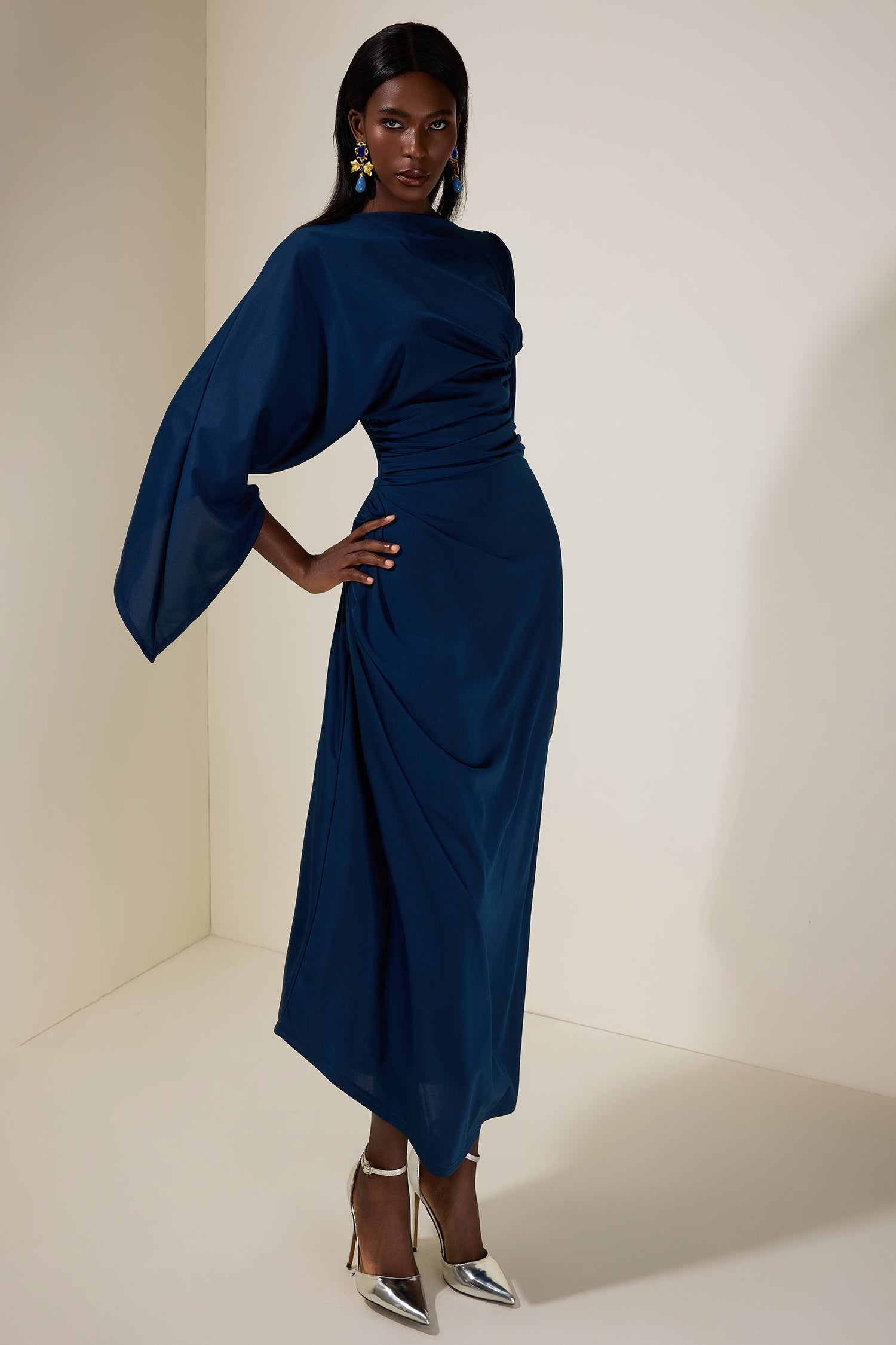 Jersey Gathering Cape Sleeve Maxi Dress