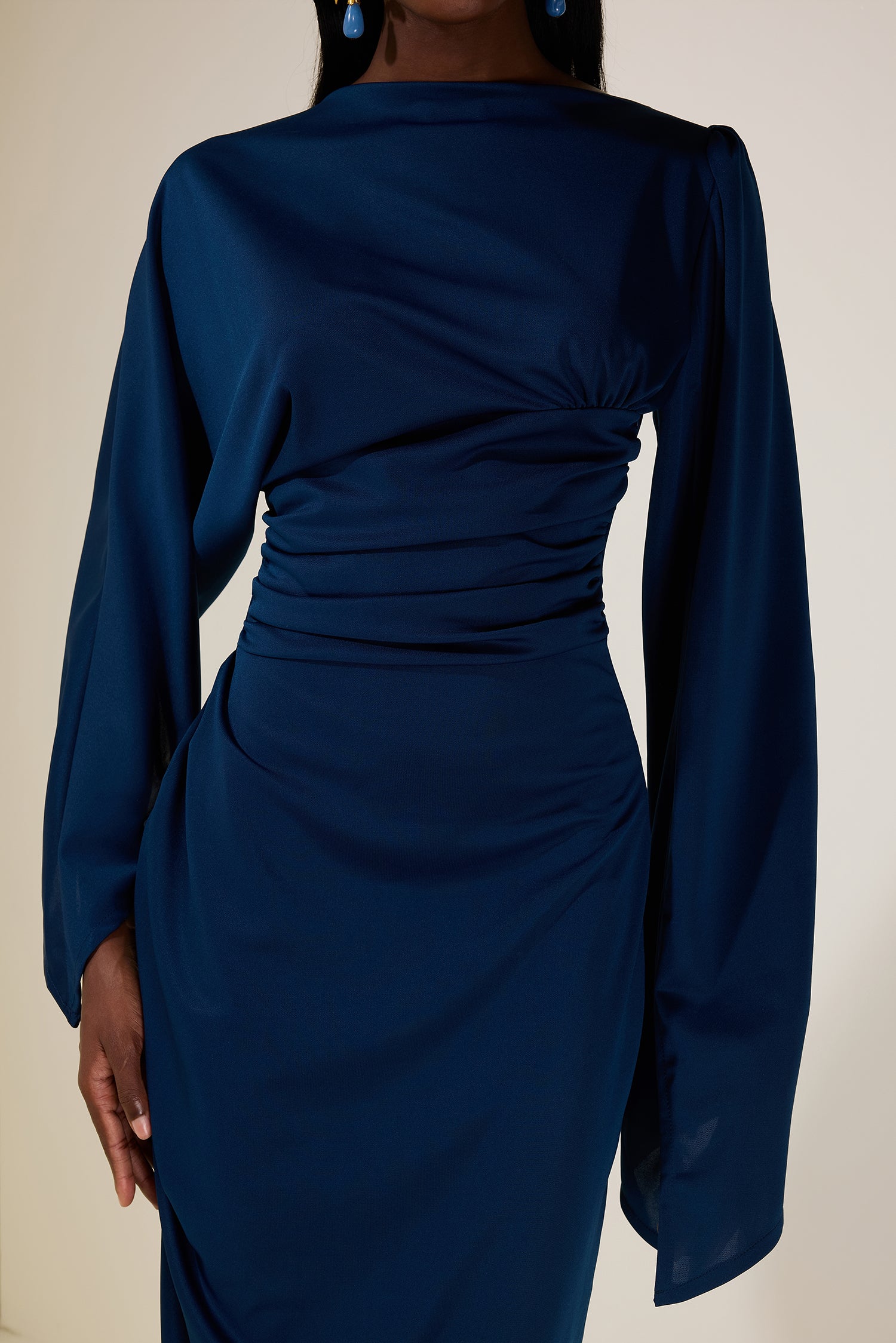 Jersey Gathering Cape Sleeve Maxi Dress