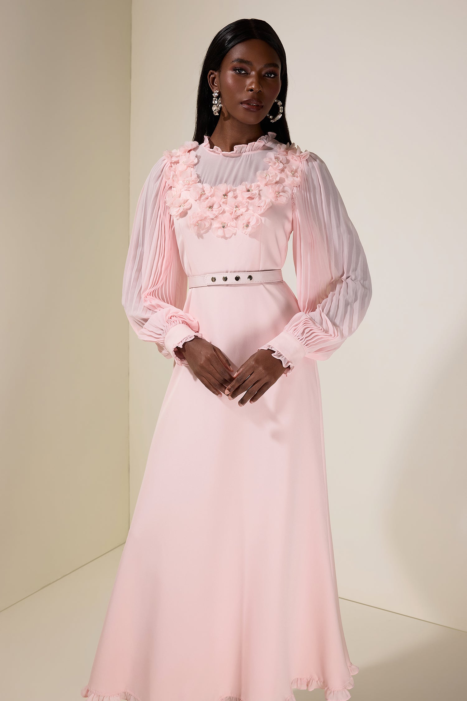 3D Flower Pleated Midi Dress With Belt