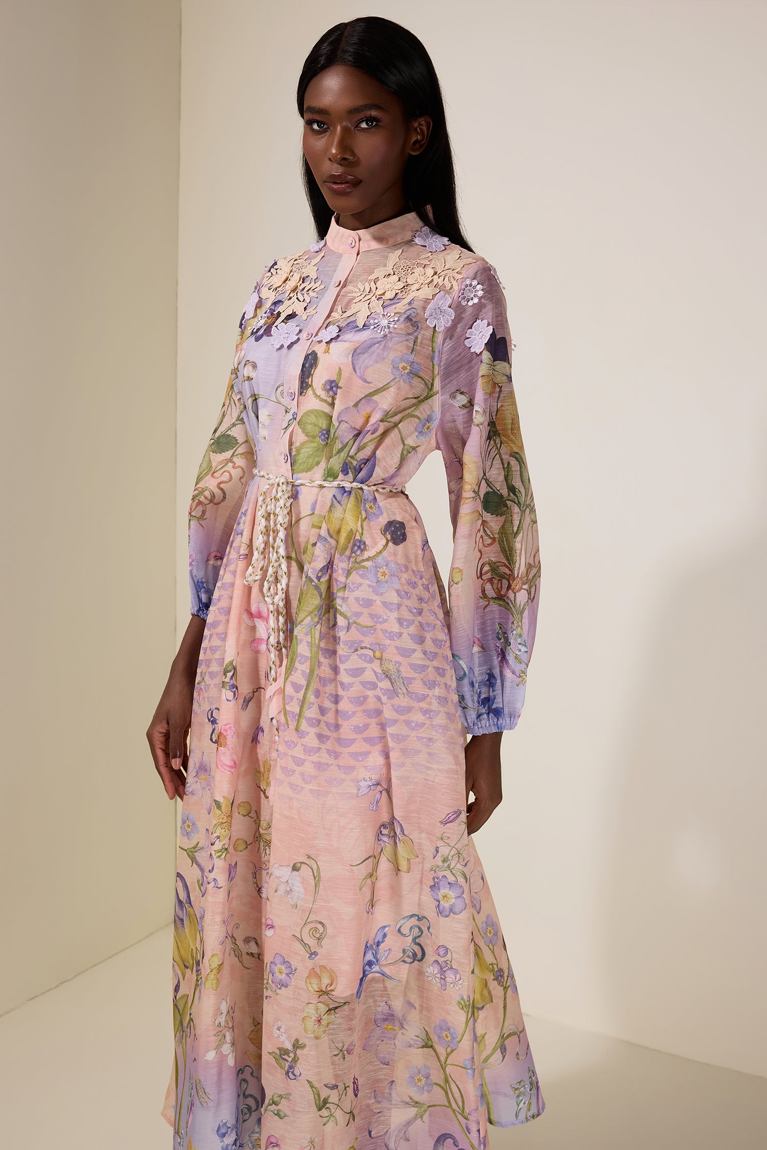 Floral Embroidered Lantern Sleeve Midi Dress