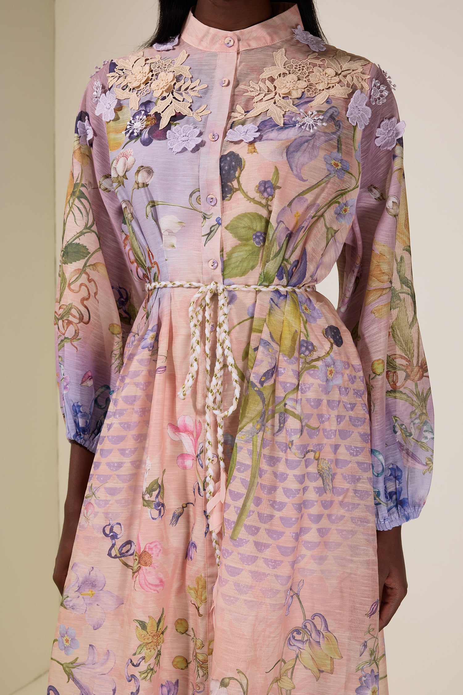 Floral Embroidered Lantern Sleeve Midi Dress