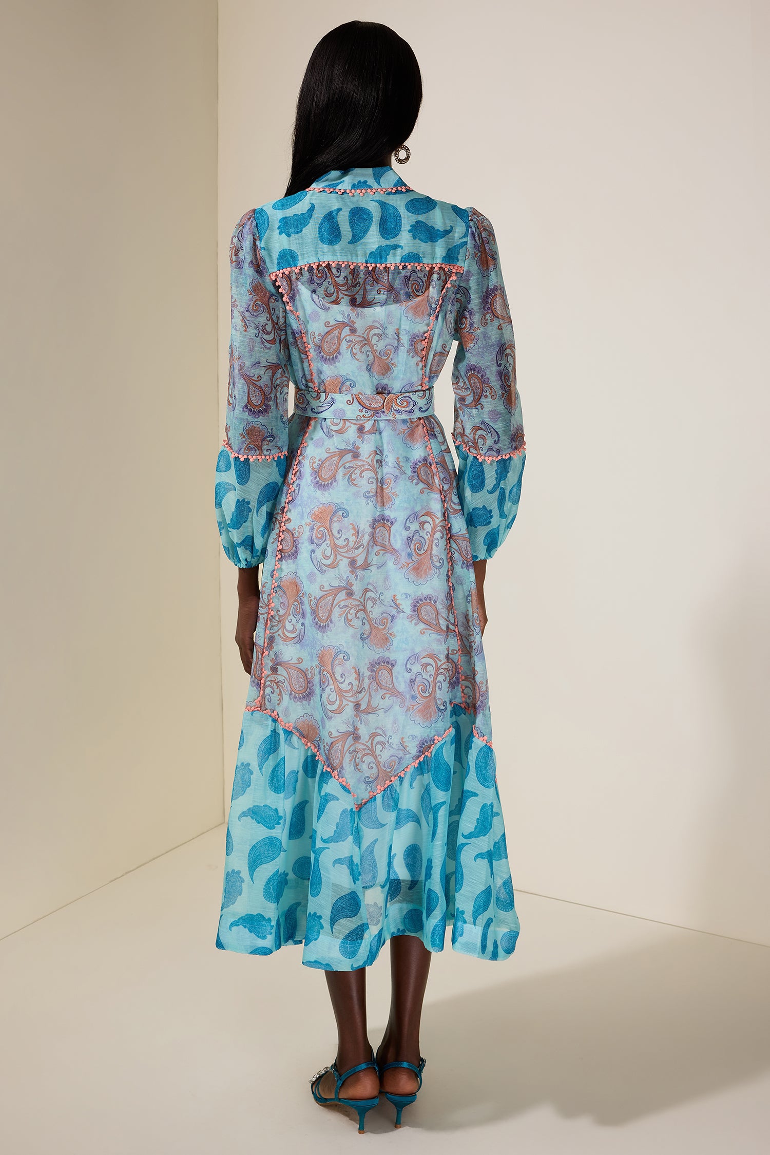 Paisley Print Single Breasted Lace Midi Dress With Belt