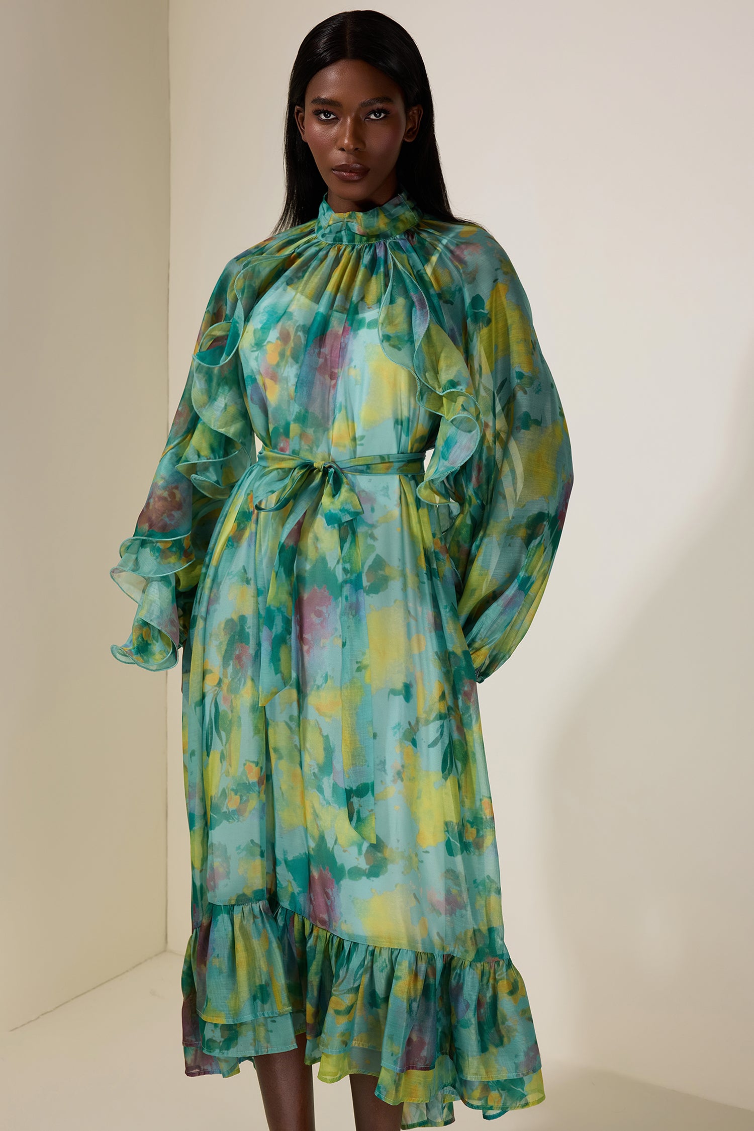 Chiffon Floral Ruffle Midi Dress With Belt