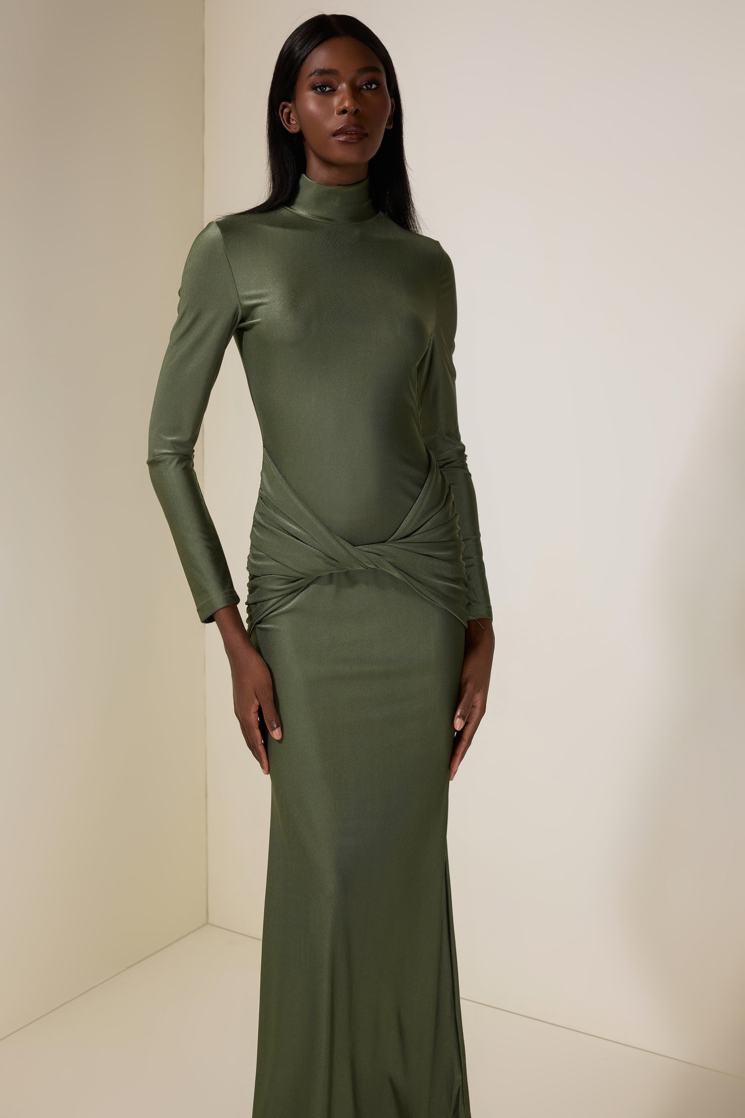 Jersey Knotted Stand Collar Maxi Dress