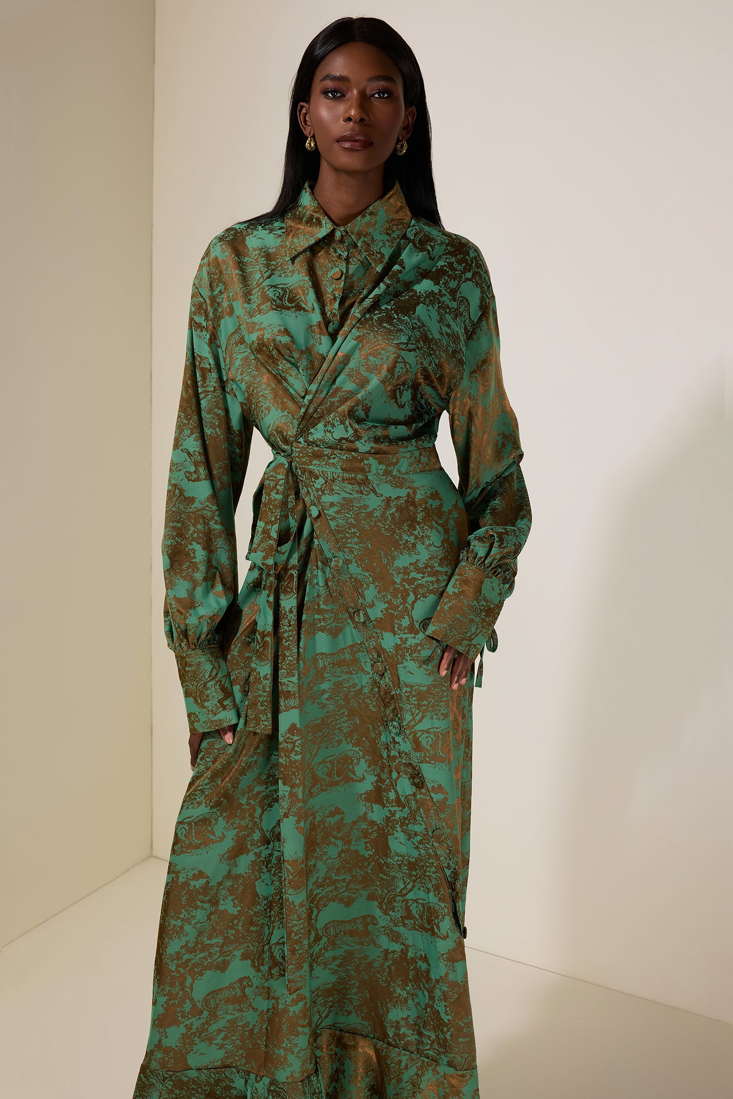 Animal Print Shirt Collar Tie-Up Midi Dress