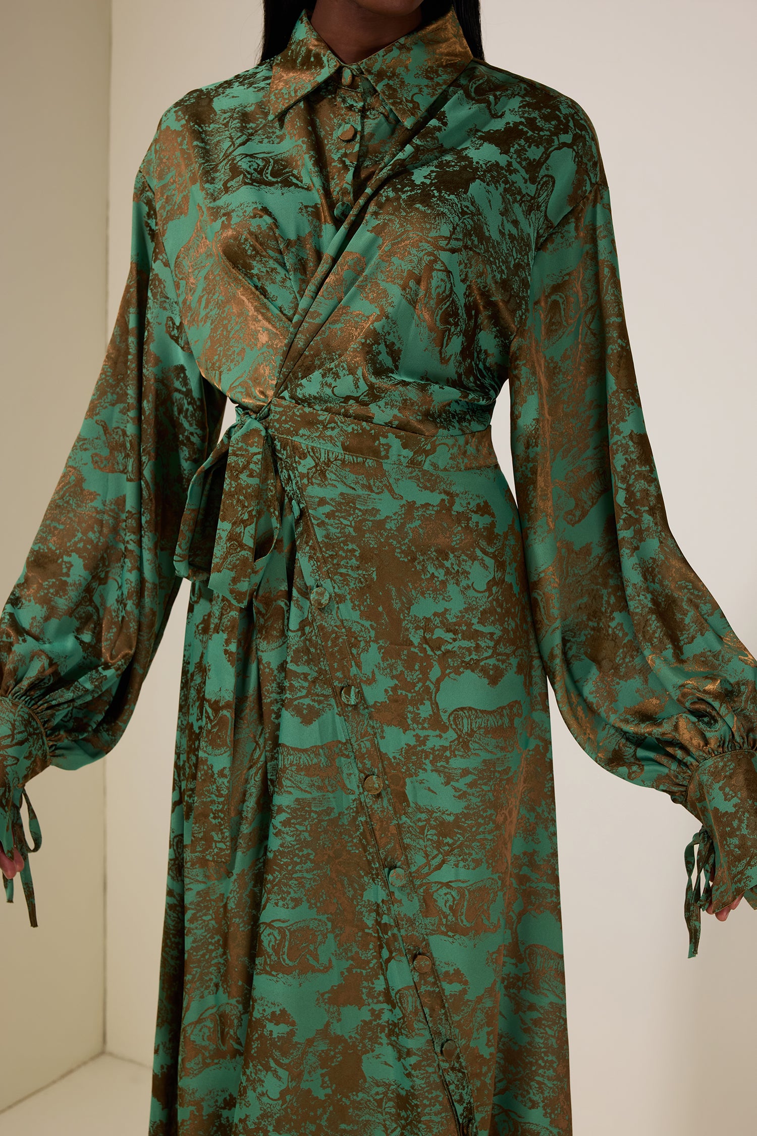 Animal Print Shirt Collar Tie-Up Midi Dress