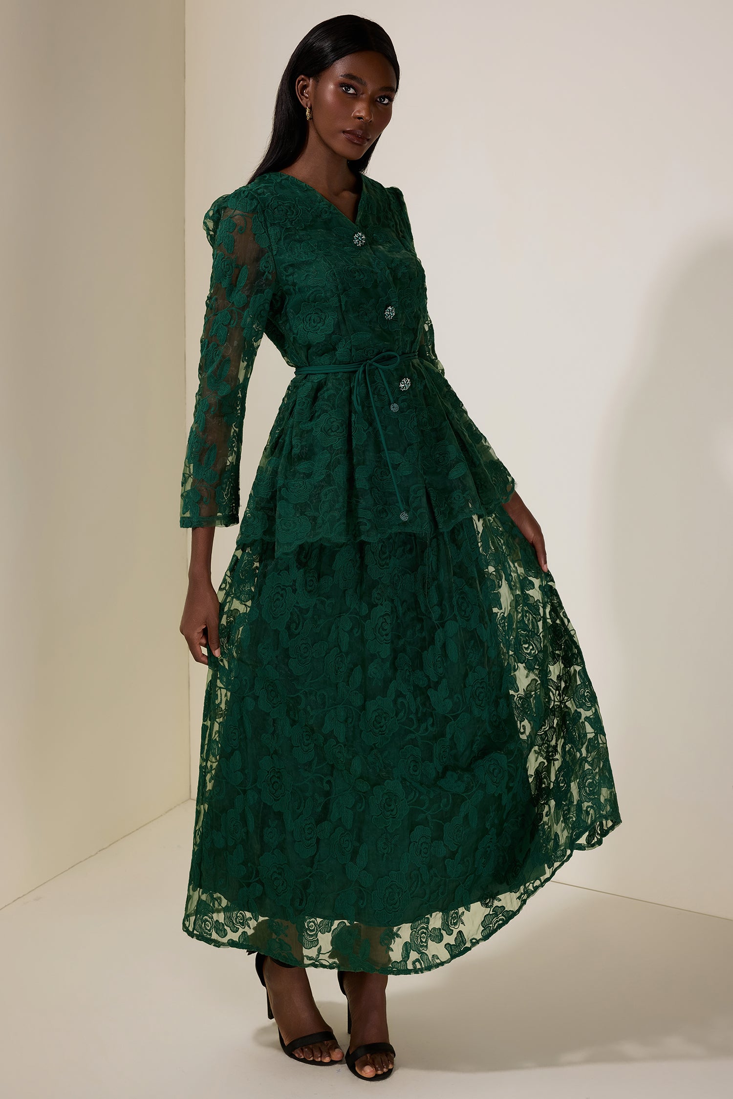 Floral Embroidered Single Breasted Top & Mid Waist Midi Skirt Set