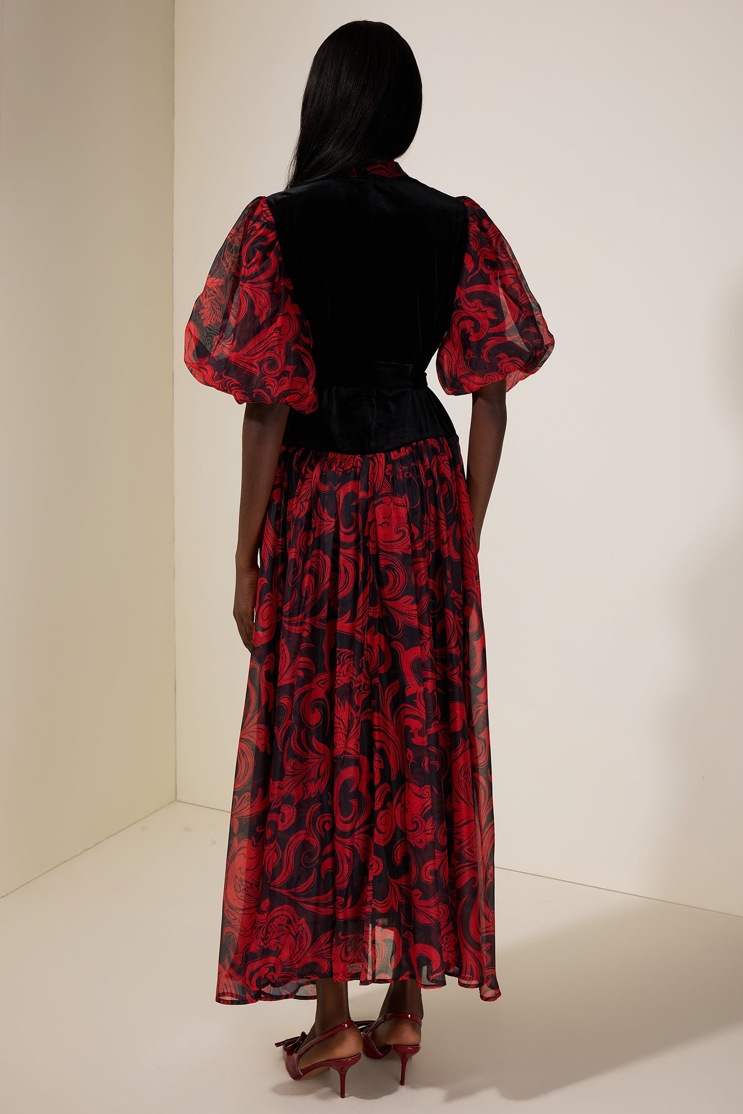 Abstract Print Splicing Velvet Midi Dress