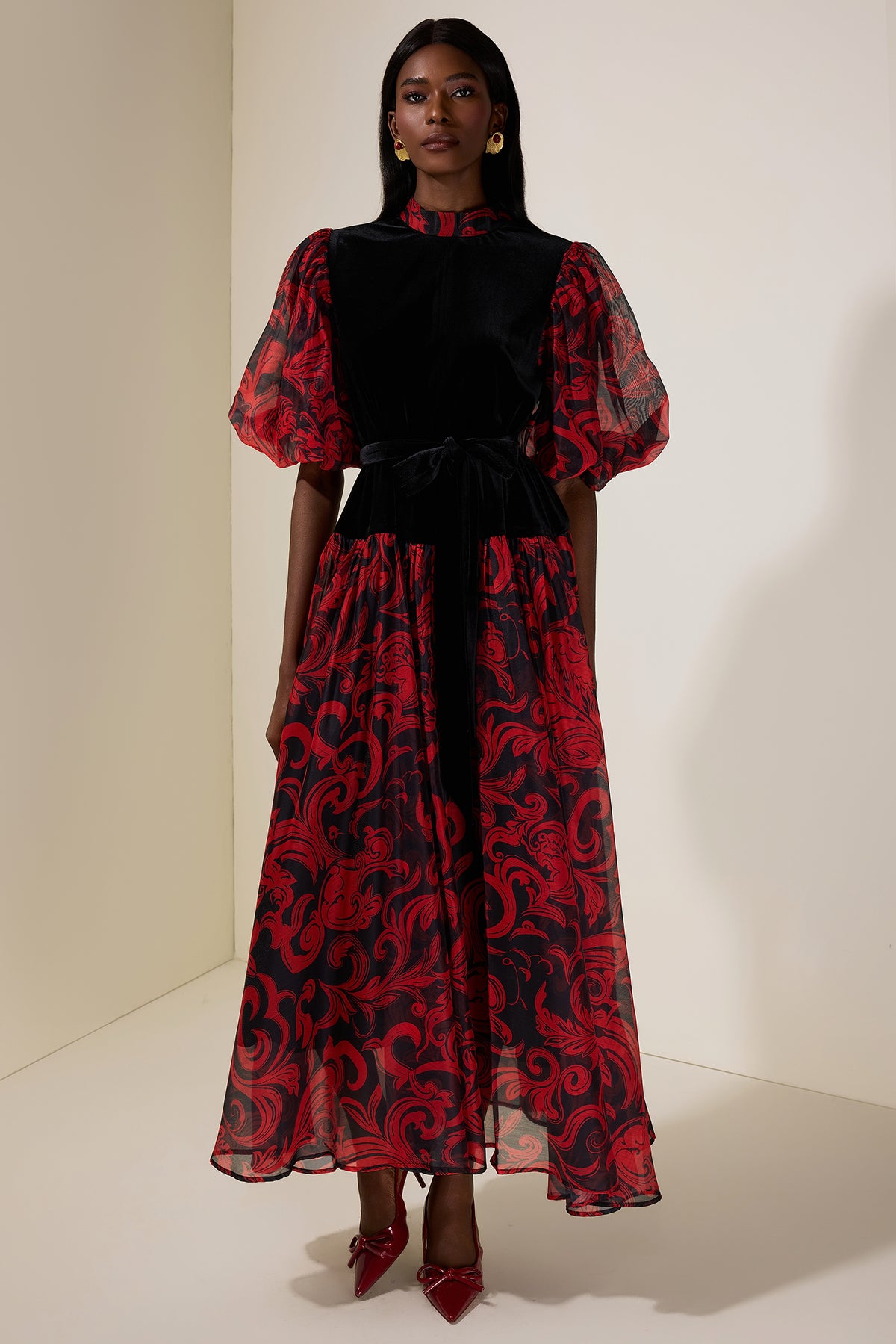 Abstract Print Splicing Velvet Midi Dress