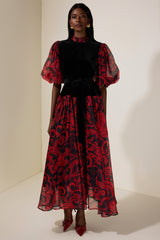 Abstract Print Splicing Velvet Midi Dress