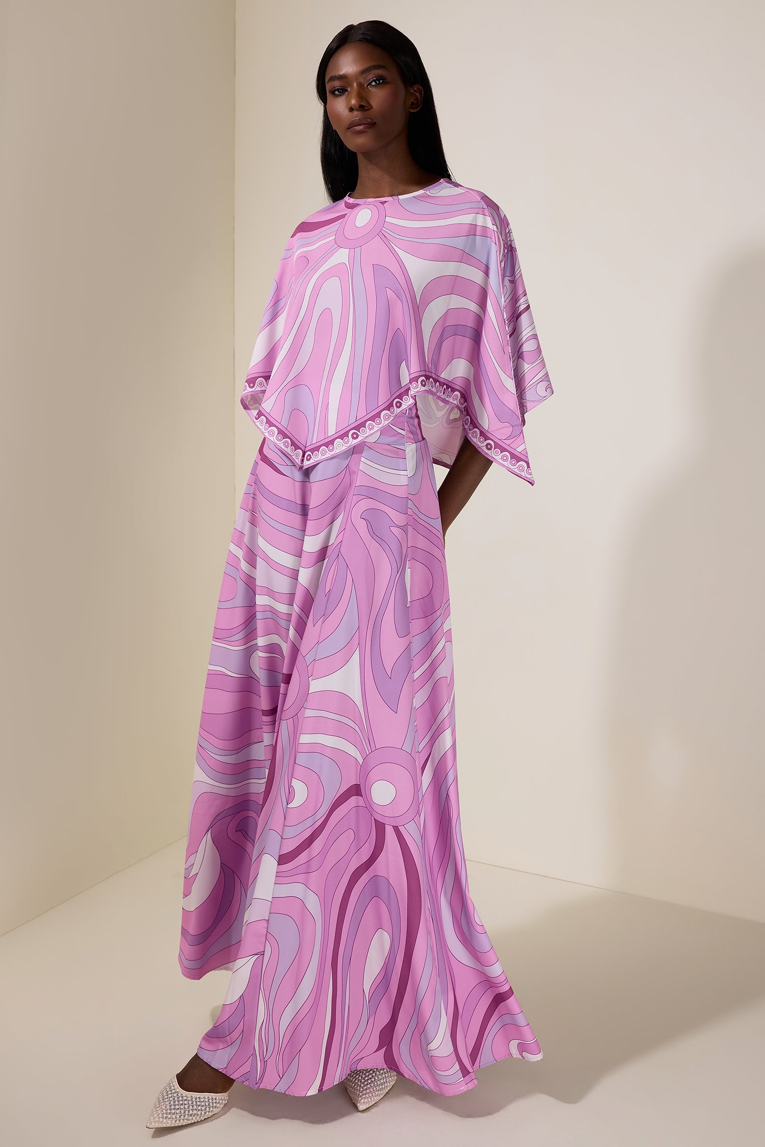 Abstract Print Maxi Dress With Cape