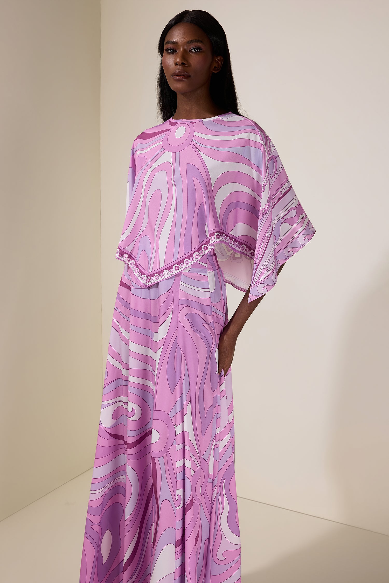 Abstract Print Maxi Dress With Cape