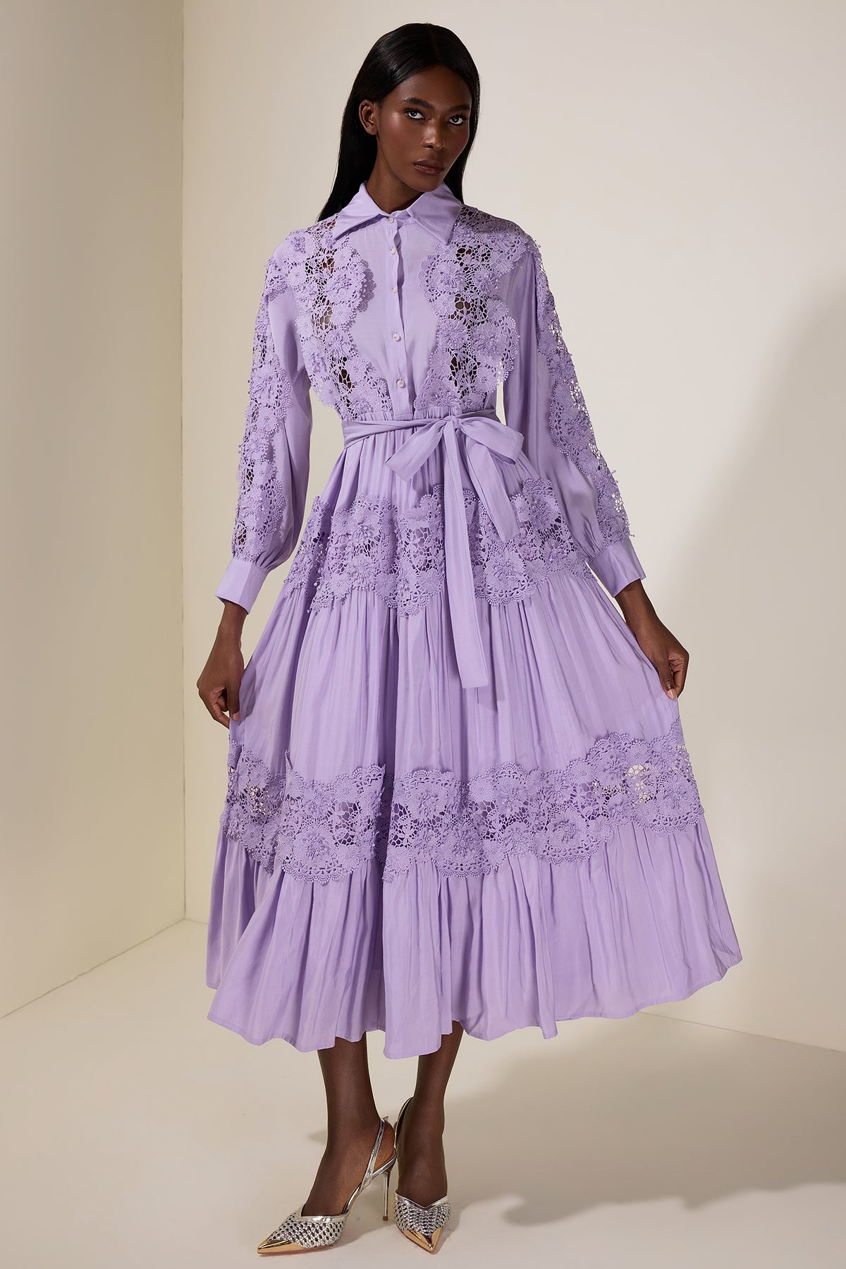 Lace Splicing Flapped Midi Dress