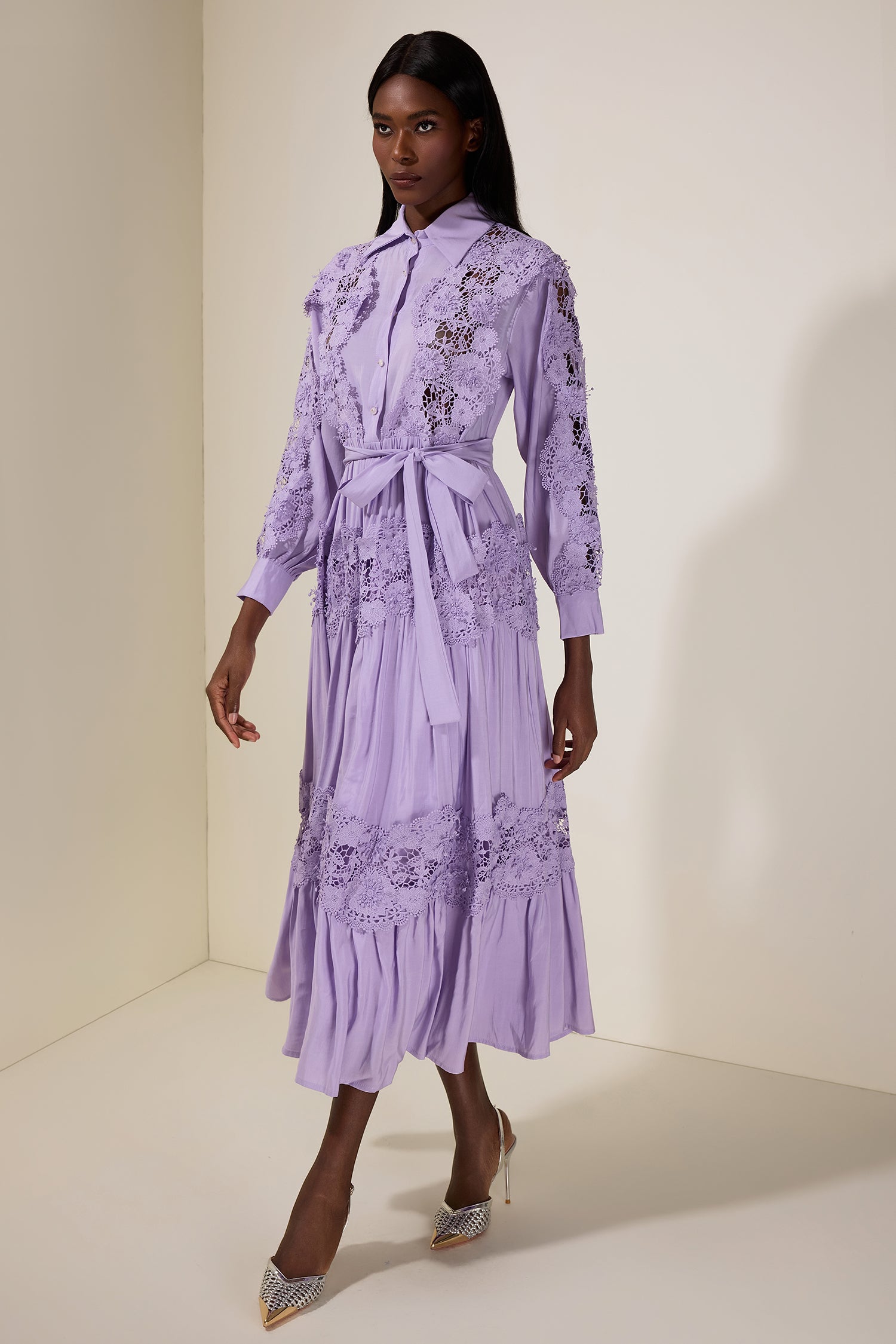 Lace Splicing Flapped Midi Dress