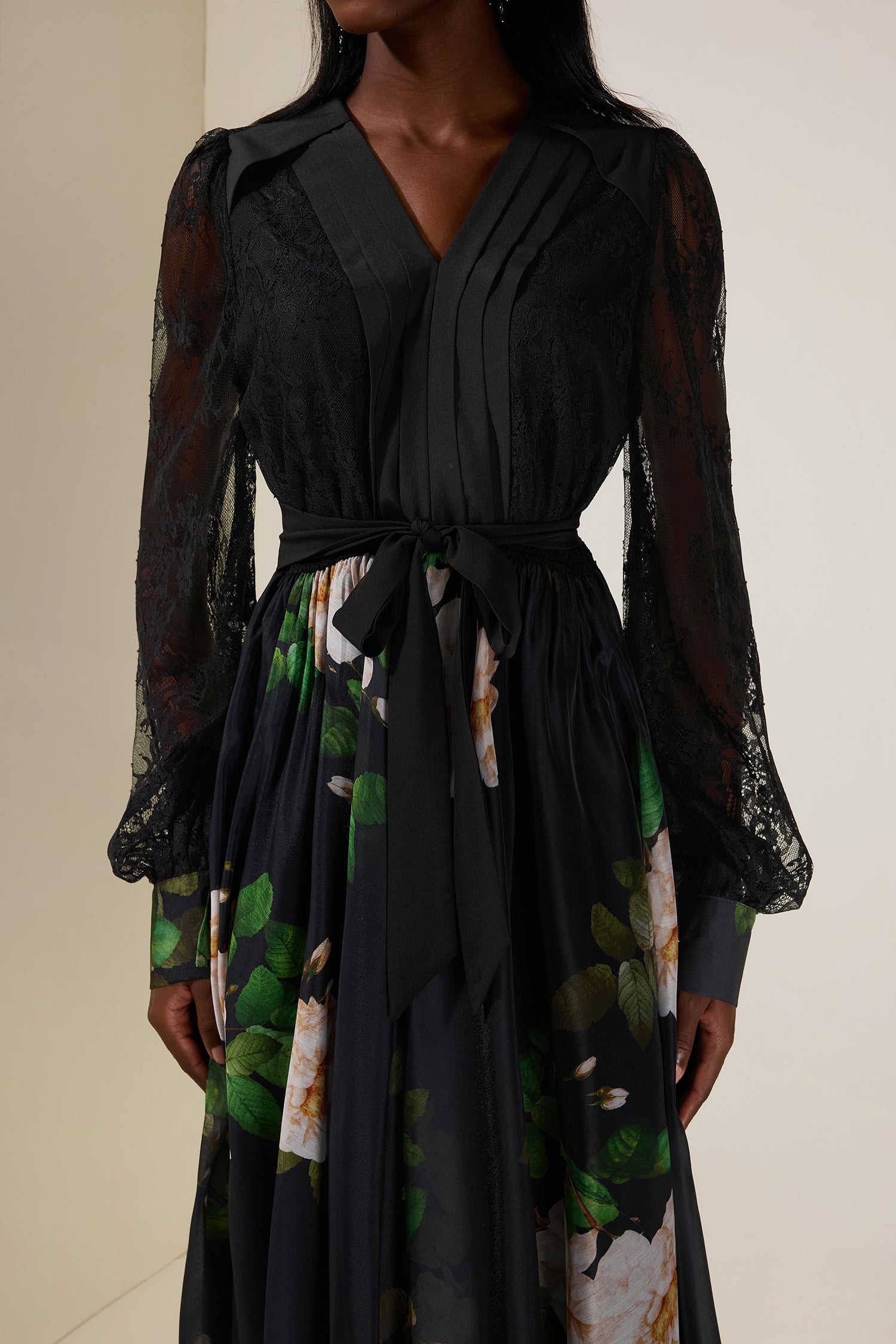 Floral Splicing Lace Pleated Midi Dress With Belt