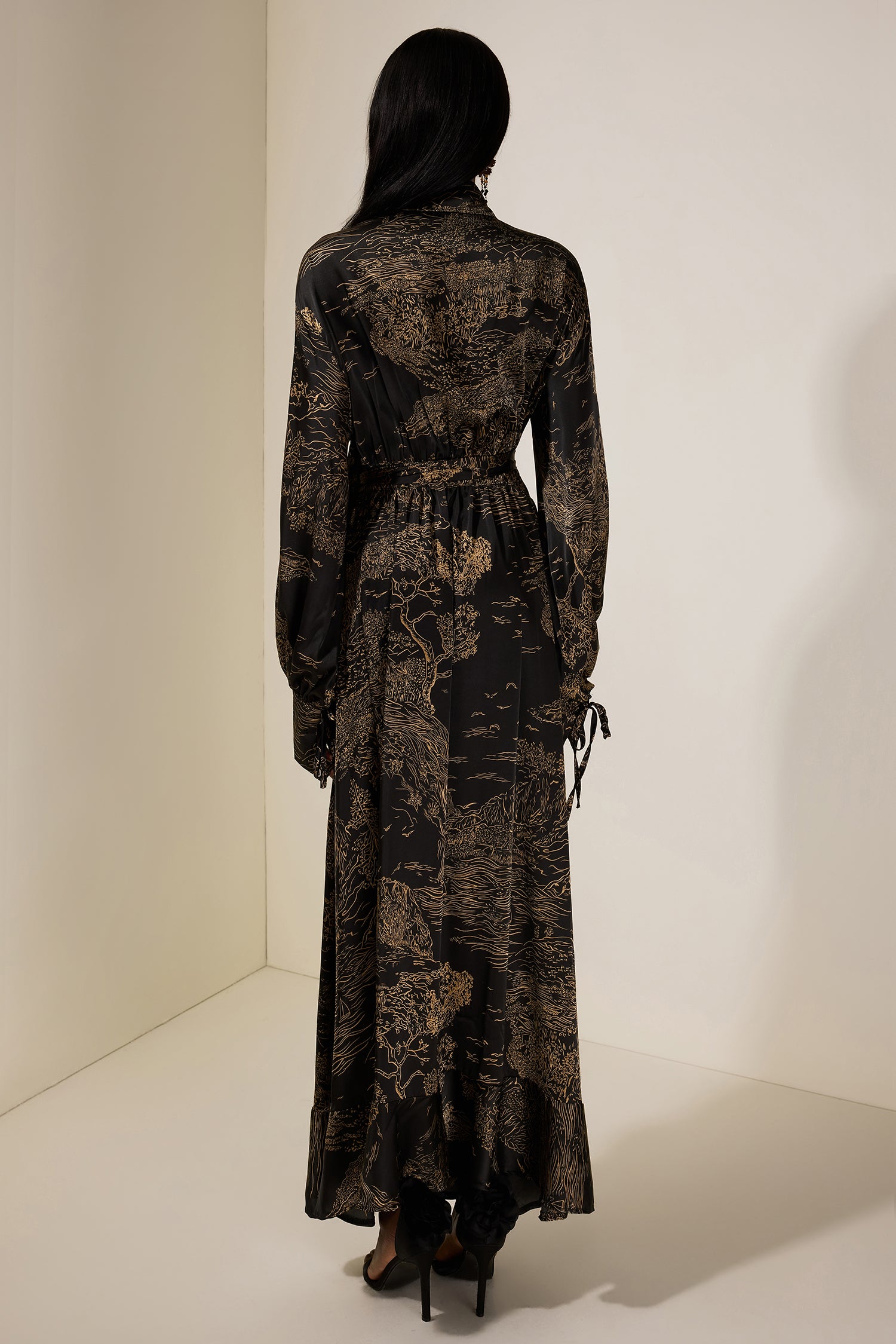 Abstract Print Shirt Collar Tie-Up Maxi Dress