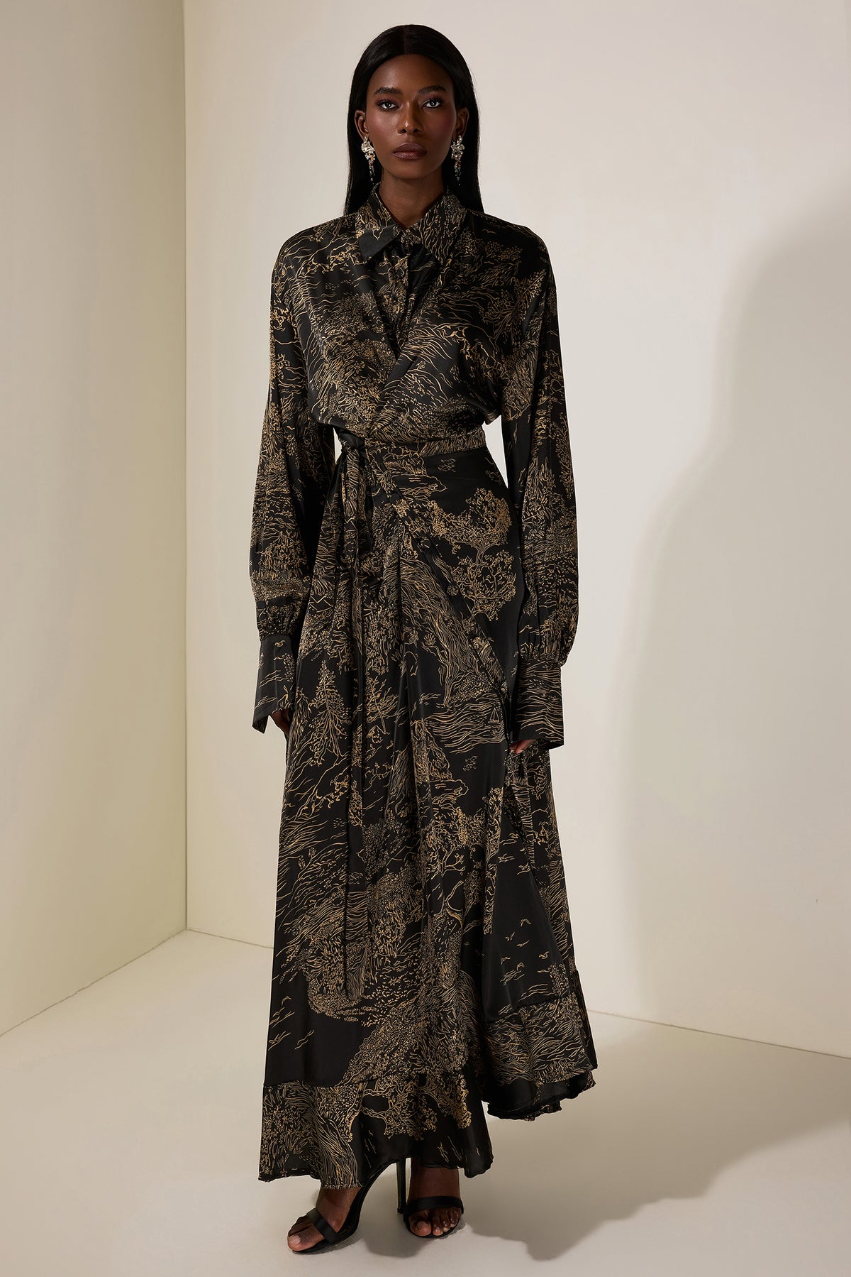 Abstract Print Shirt Collar Tie-Up Maxi Dress