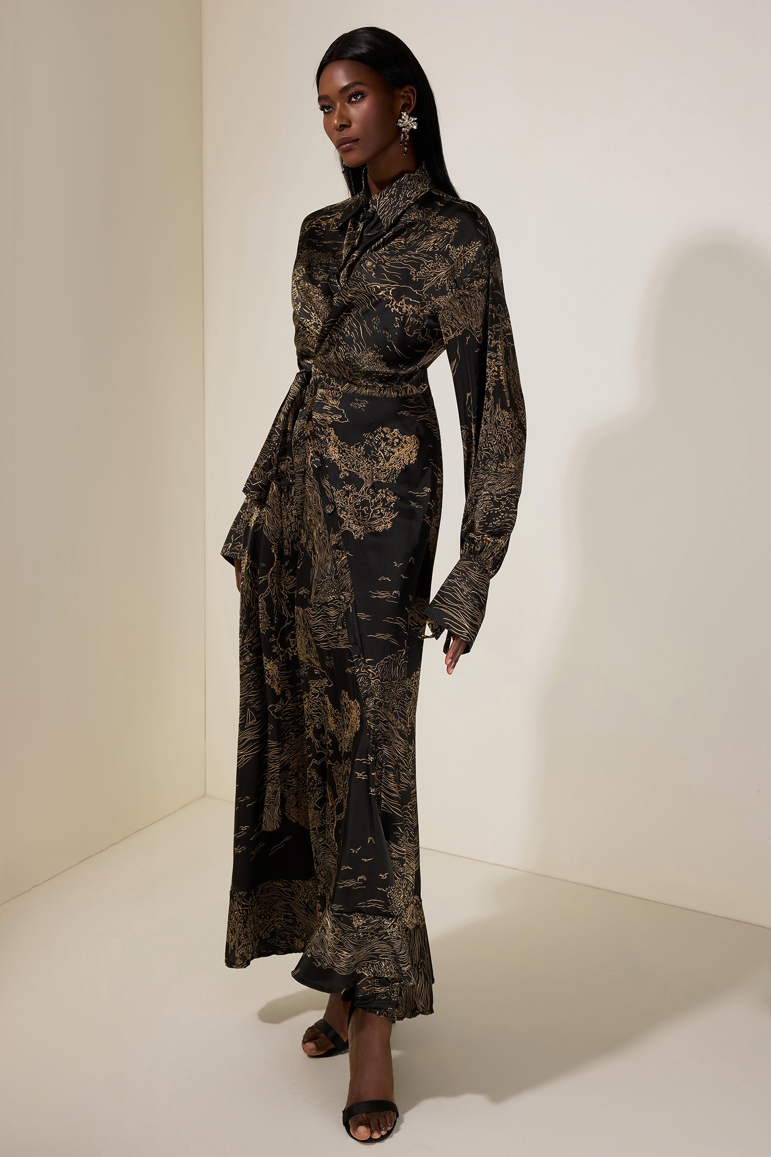 Abstract Print Shirt Collar Tie-Up Maxi Dress