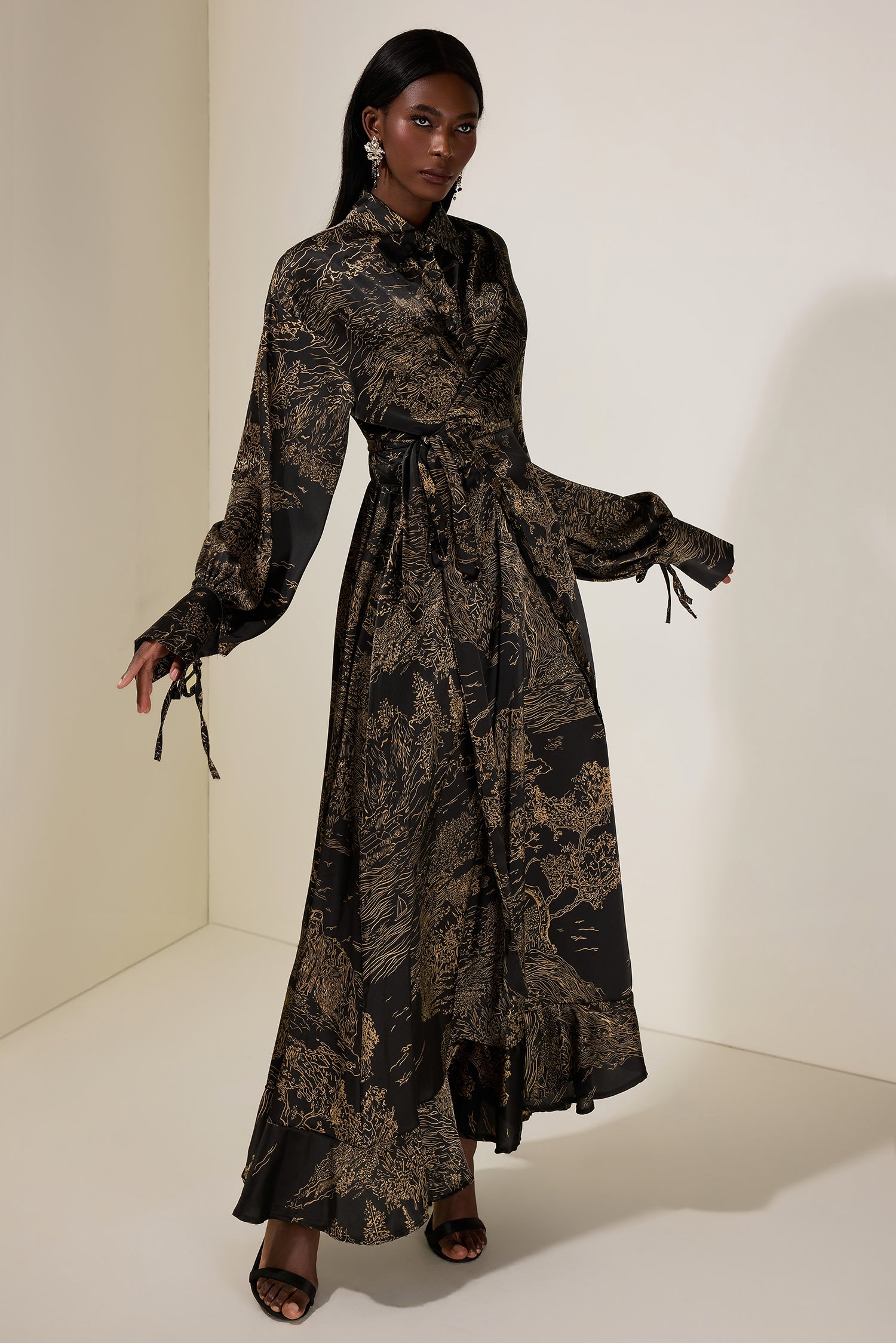 Abstract Print Shirt Collar Tie-Up Maxi Dress