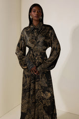 Abstract Print Shirt Collar Tie-Up Maxi Dress