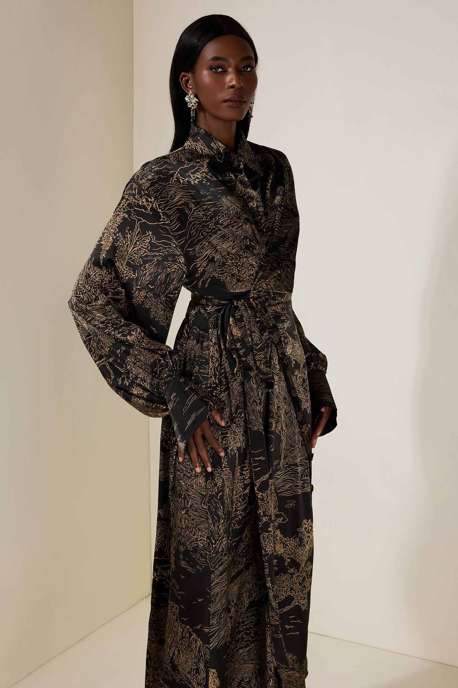 Abstract Print Shirt Collar Tie-Up Maxi Dress