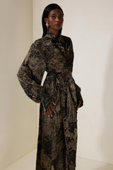 Abstract Print Shirt Collar Tie-Up Maxi Dress
