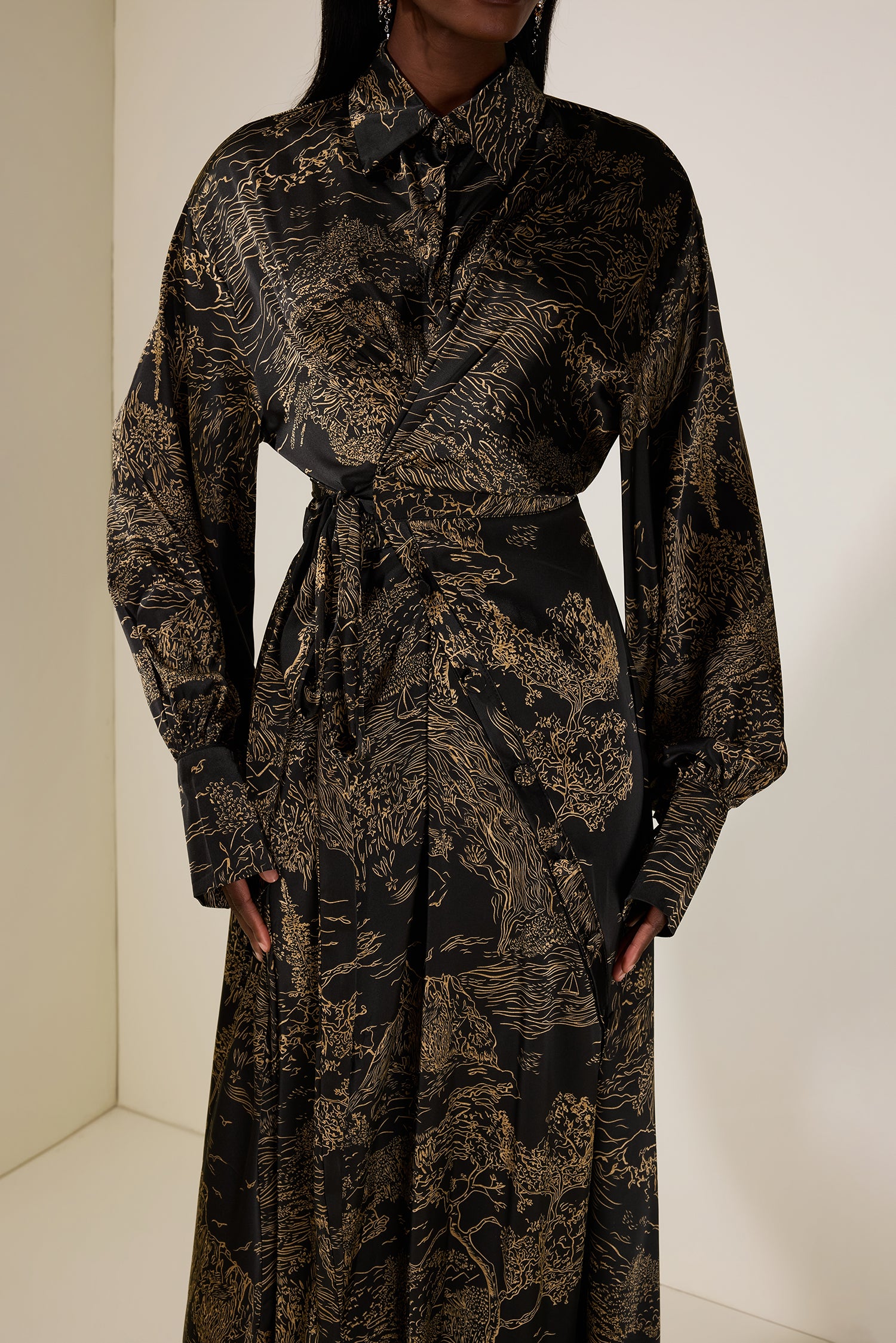 Abstract Print Shirt Collar Tie-Up Maxi Dress