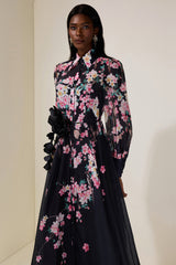 Floral 3D Flower Lantern Sleeve Midi Dress