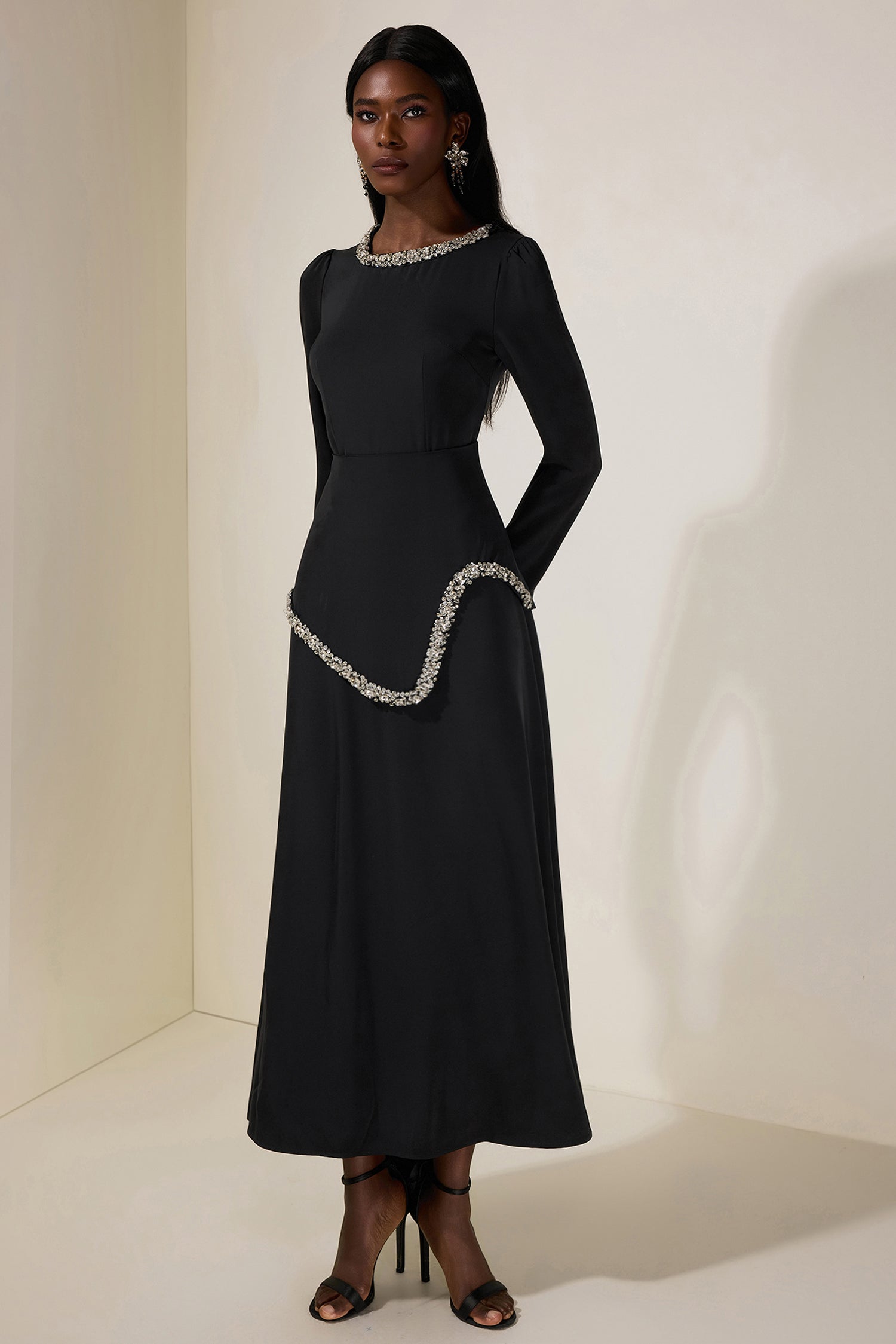 Rhinestone Long Sleeve Midi Dress