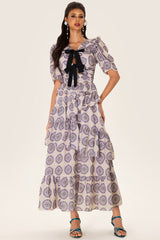 Ruffle Puff Sleeve Bow Midi Dress