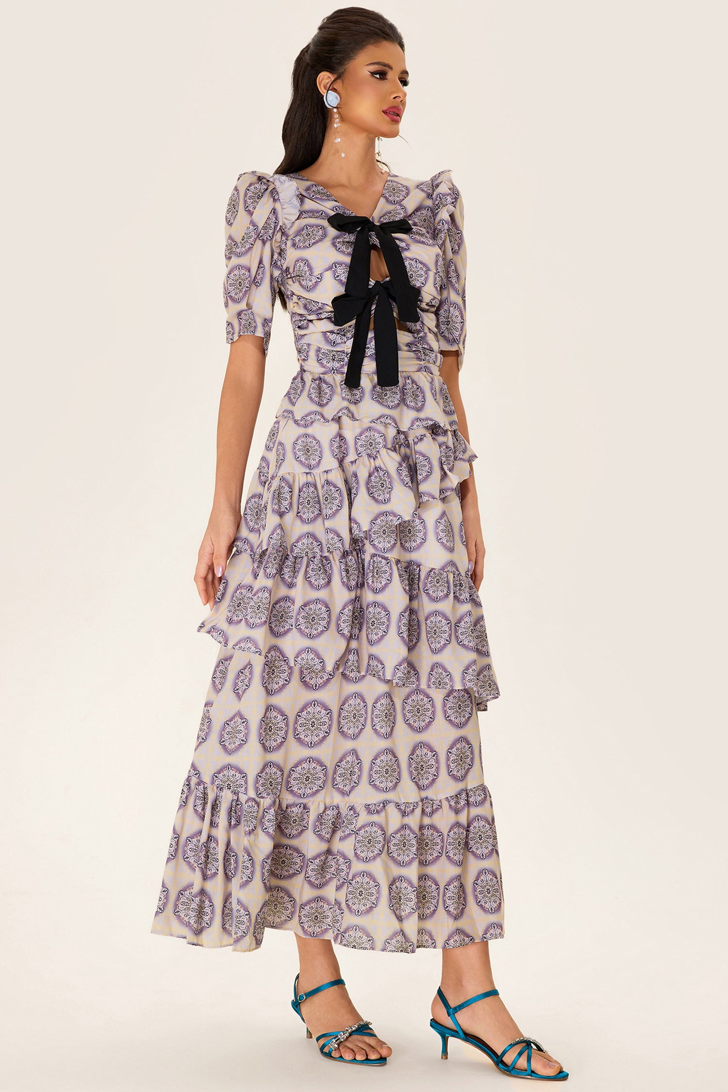 Ruffle Puff Sleeve Bow Midi Dress