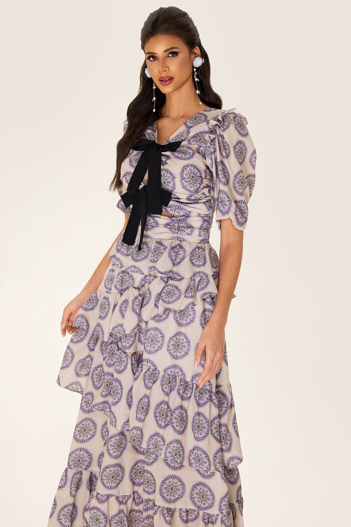 Ruffle Puff Sleeve Bow Midi Dress