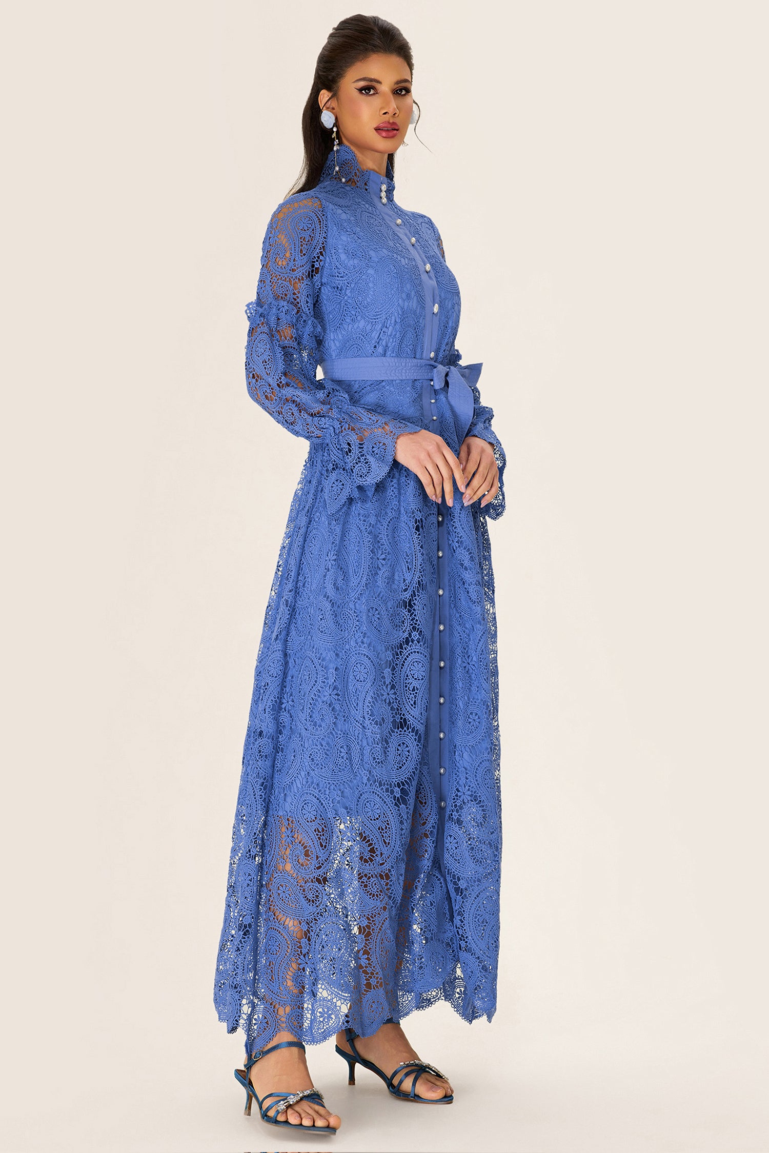 Single Breasted Lace Split Midi Dress