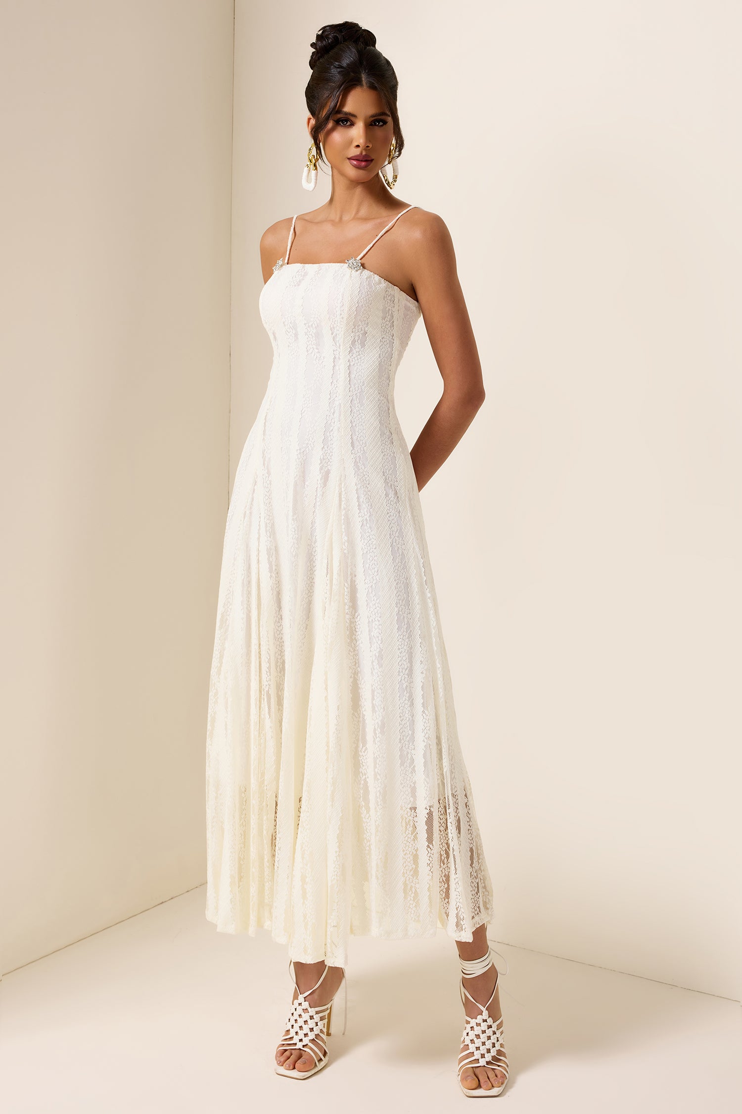 Solid Lace Rhinestone Midi Dress