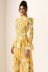 Floral Frill Butterfly Sleeve Midi Dress With Belt