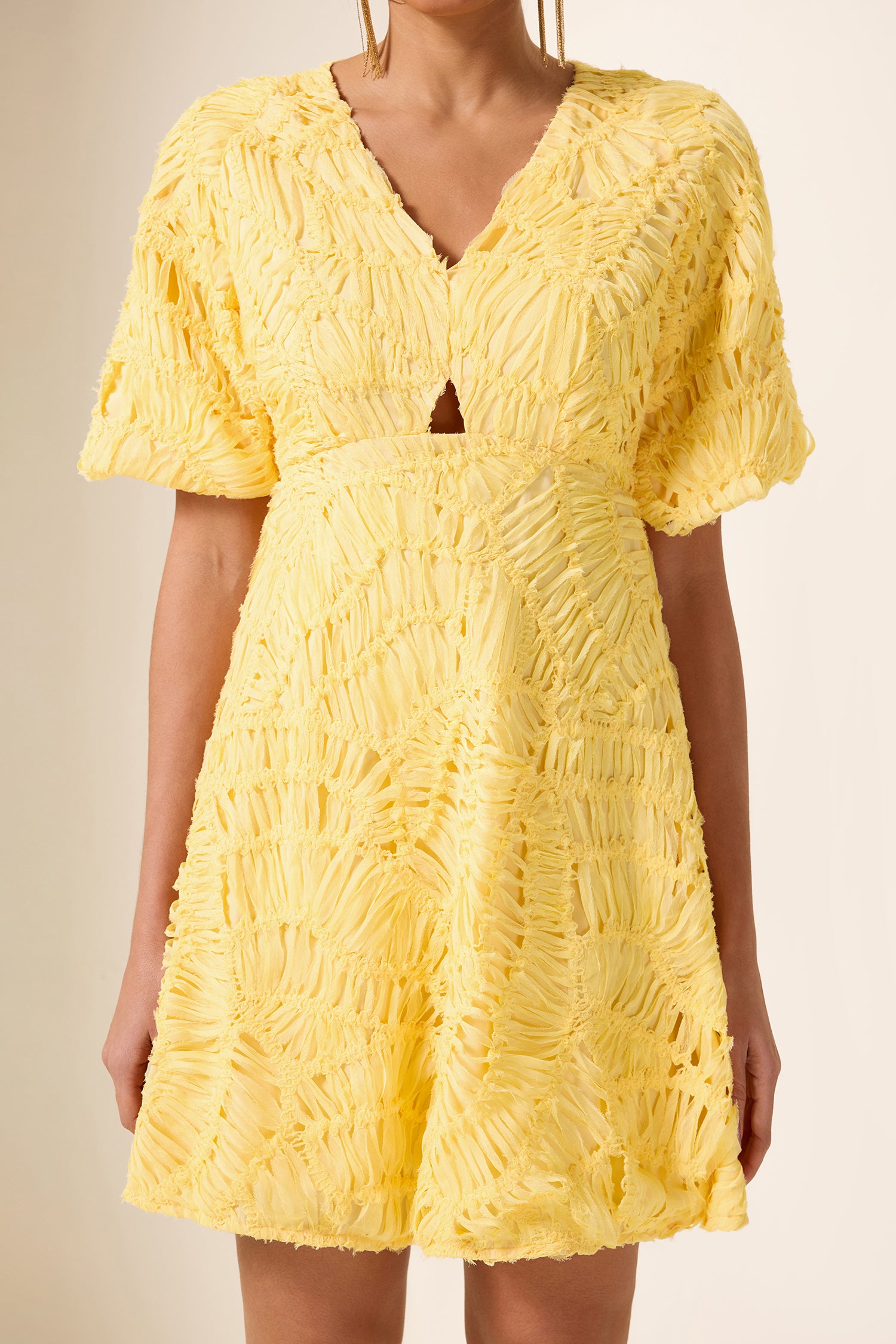 Cut-Out V-Neck Puff Sleeve Mini Dress