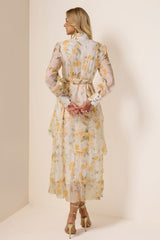 Lace Splicing Chiffon Lace-Up Ruffle Midi Dress