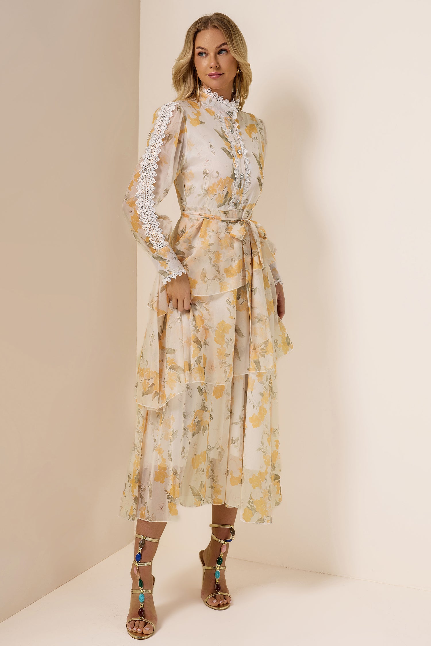 Lace Splicing Chiffon Lace-Up Ruffle Midi Dress