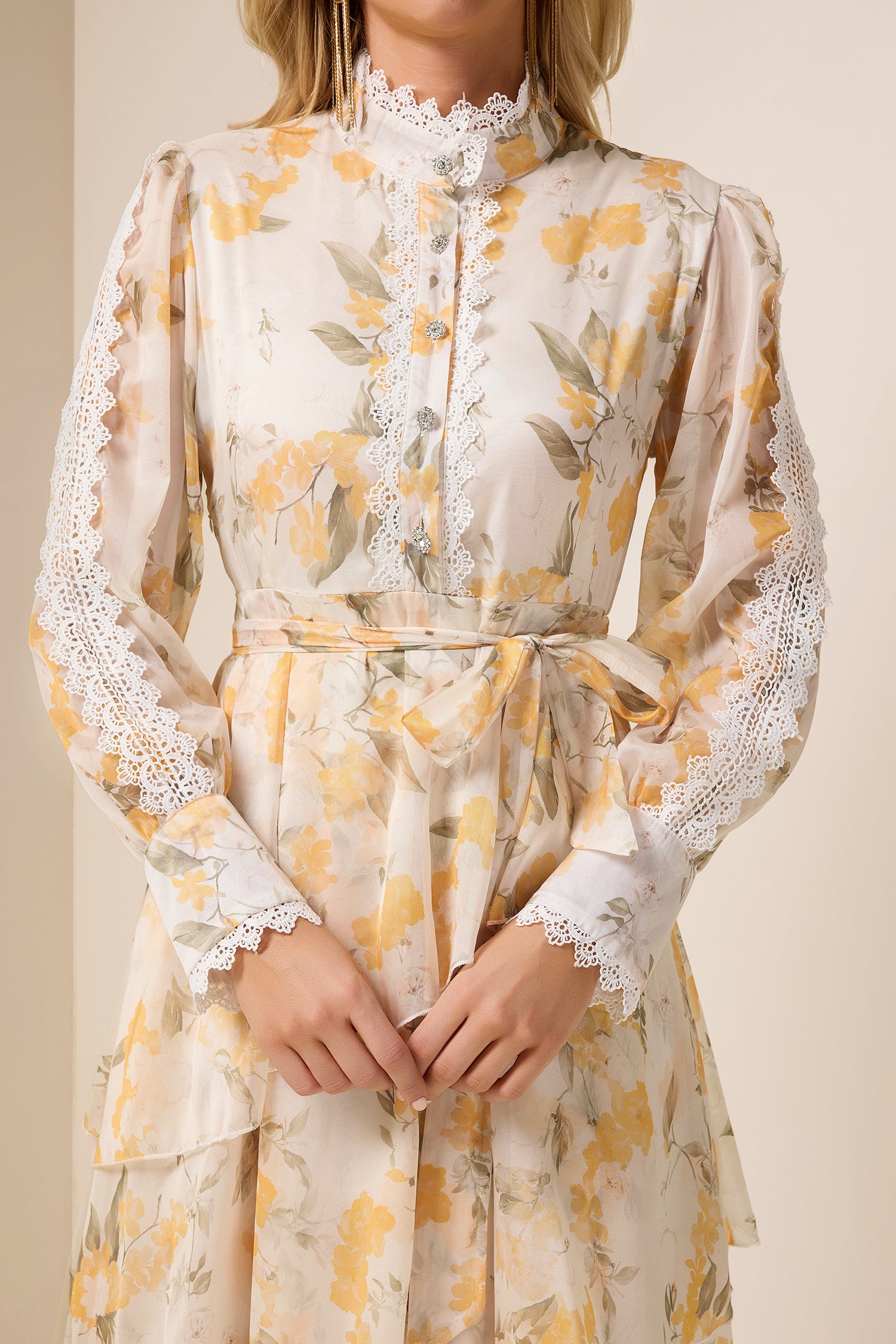 Lace Splicing Chiffon Lace-Up Ruffle Midi Dress
