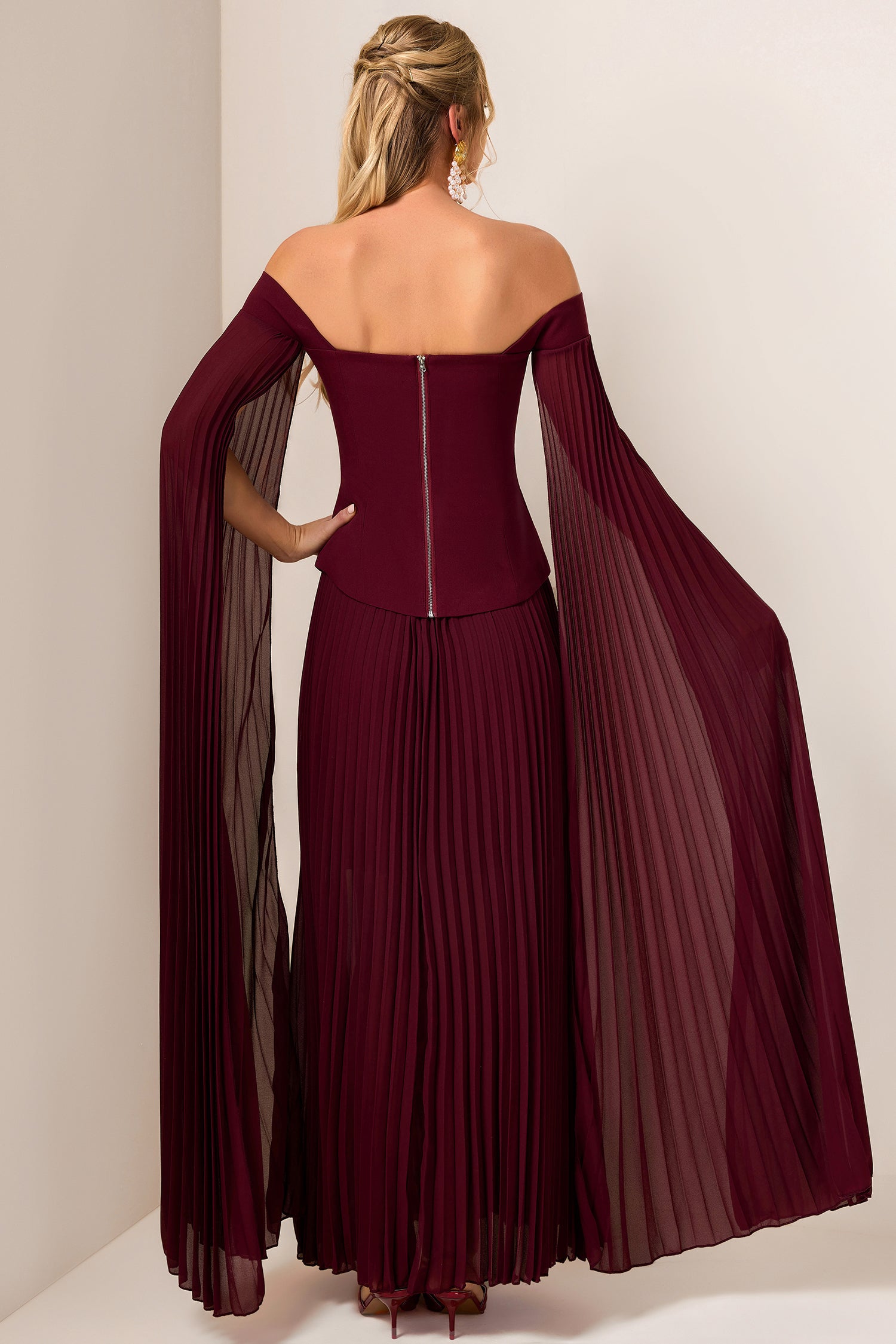 Solid Cape Sleeve Top & Pleat  Maxi Skirt Set