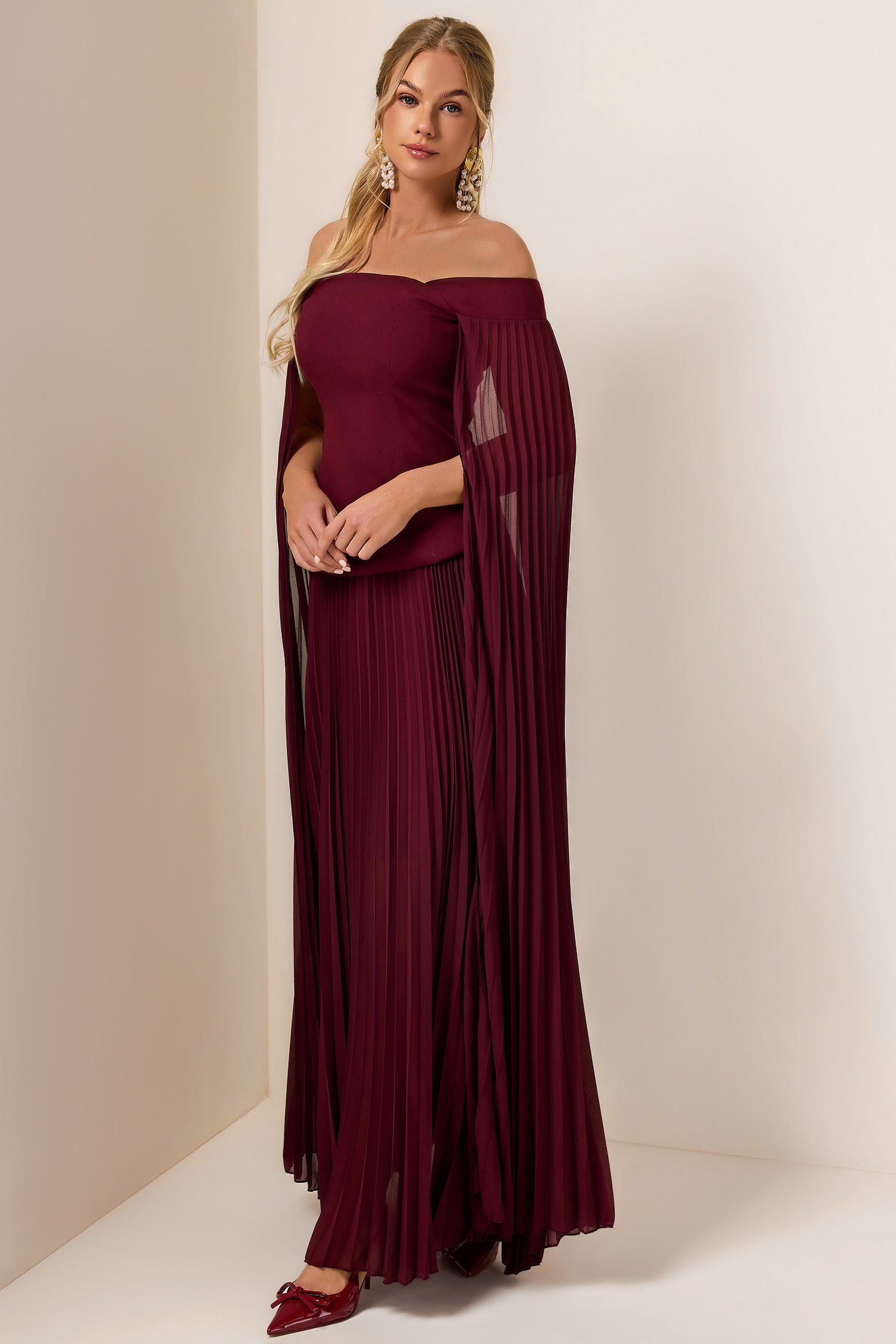 Solid Cape Sleeve Top & Pleat  Maxi Skirt Set