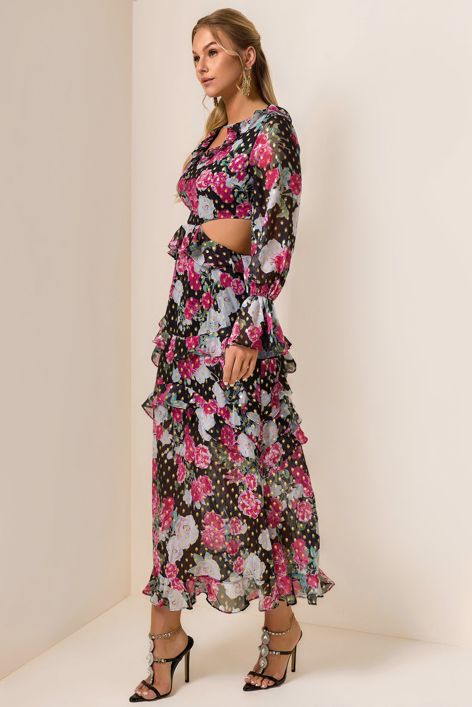 Floral Gold Foil Stamping Frill Midi Dress