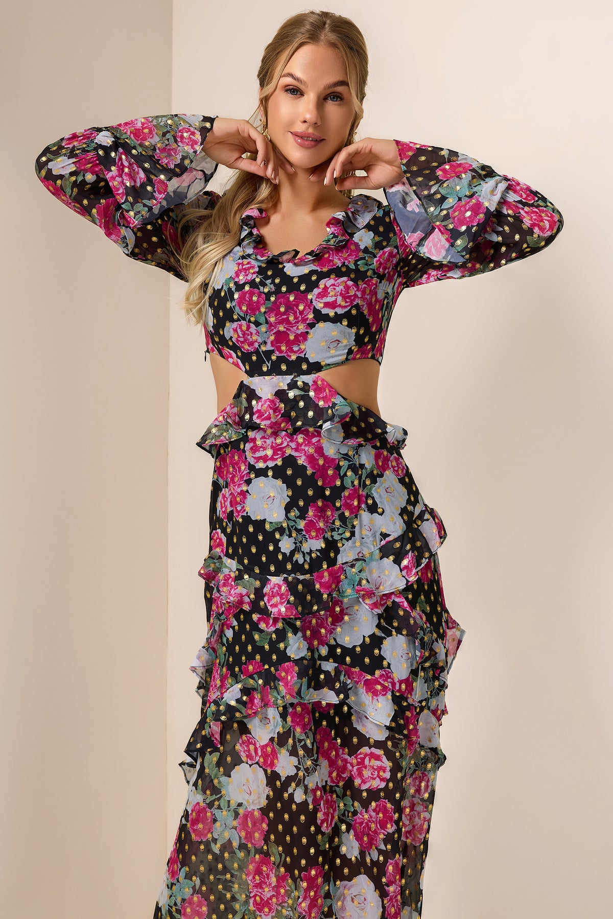 Floral Gold Foil Stamping Frill Midi Dress